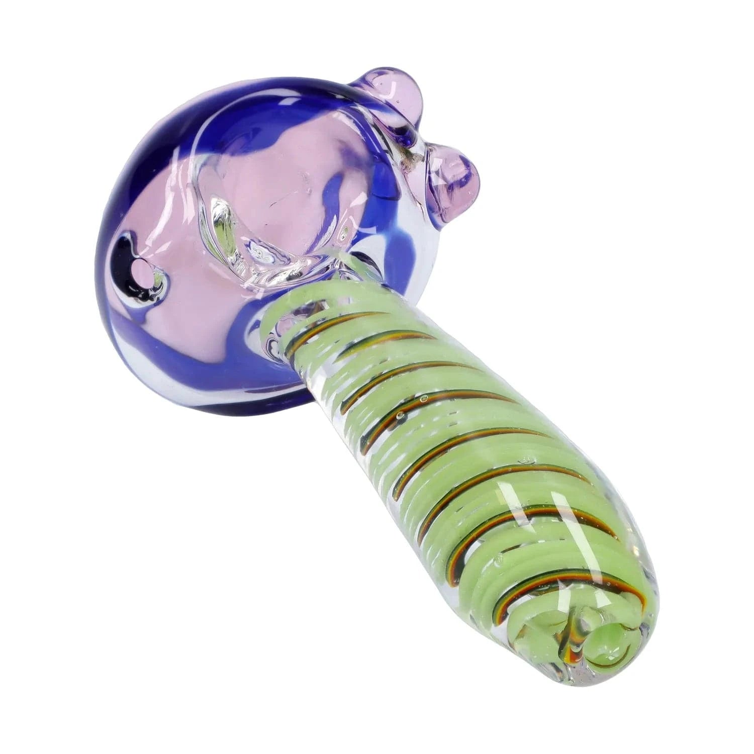 Close-up angled view of the Swirling Double Blown Spoon Pipe - 4.5 in showing a purple bowl and green spiral-wrapped stem on a white background