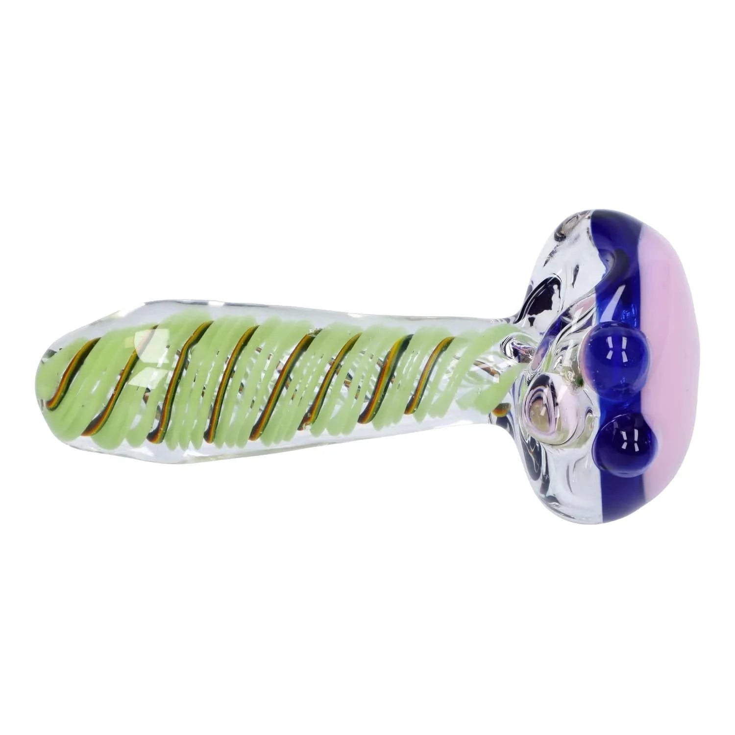 Side view of the Swirling Double Blown Spoon Pipe - 4.5 in, showing a clear glass body with green spiral cane and a blue-pink bowl.