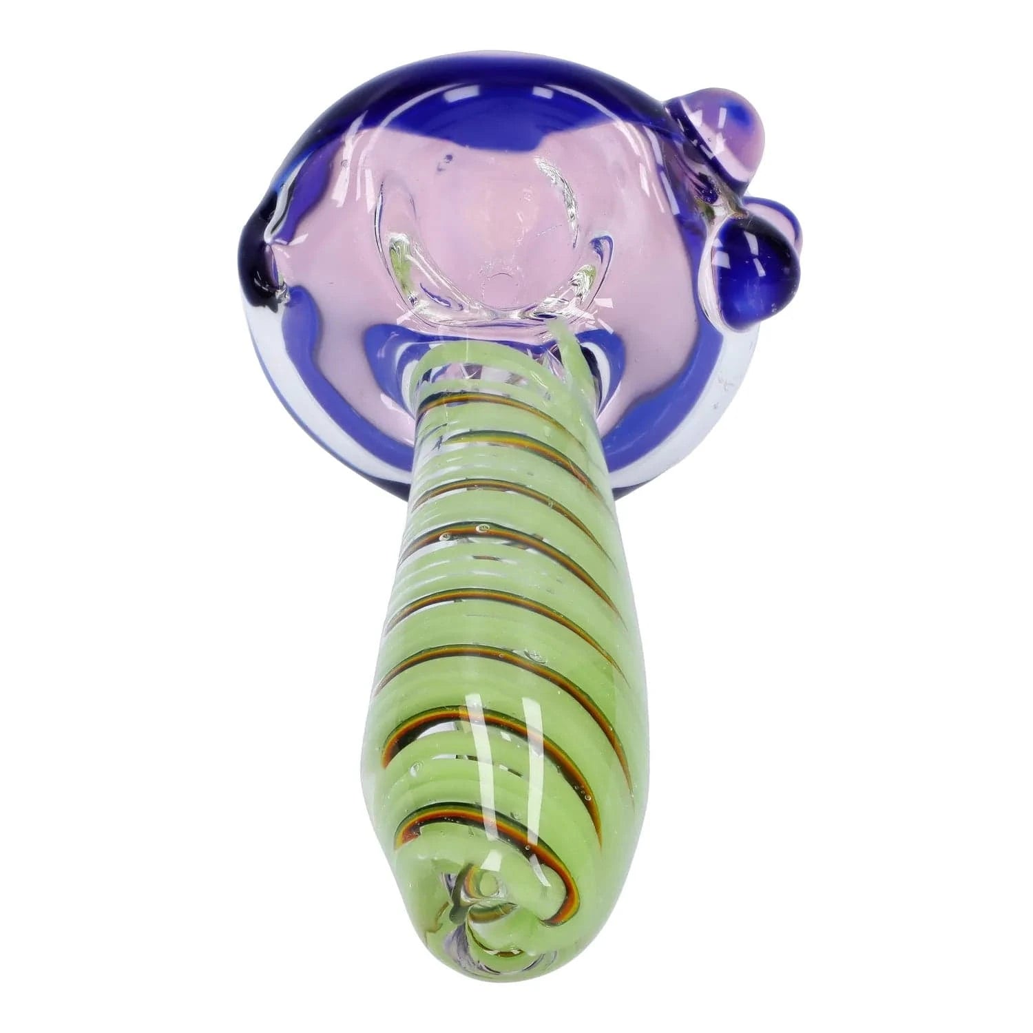 Bottom-up close-up of the Swirling Double Blown Spoon Pipe - 4.5 in showing a green spiral handle leading to a pink and cobalt blue rounded bowl with two bubble accents