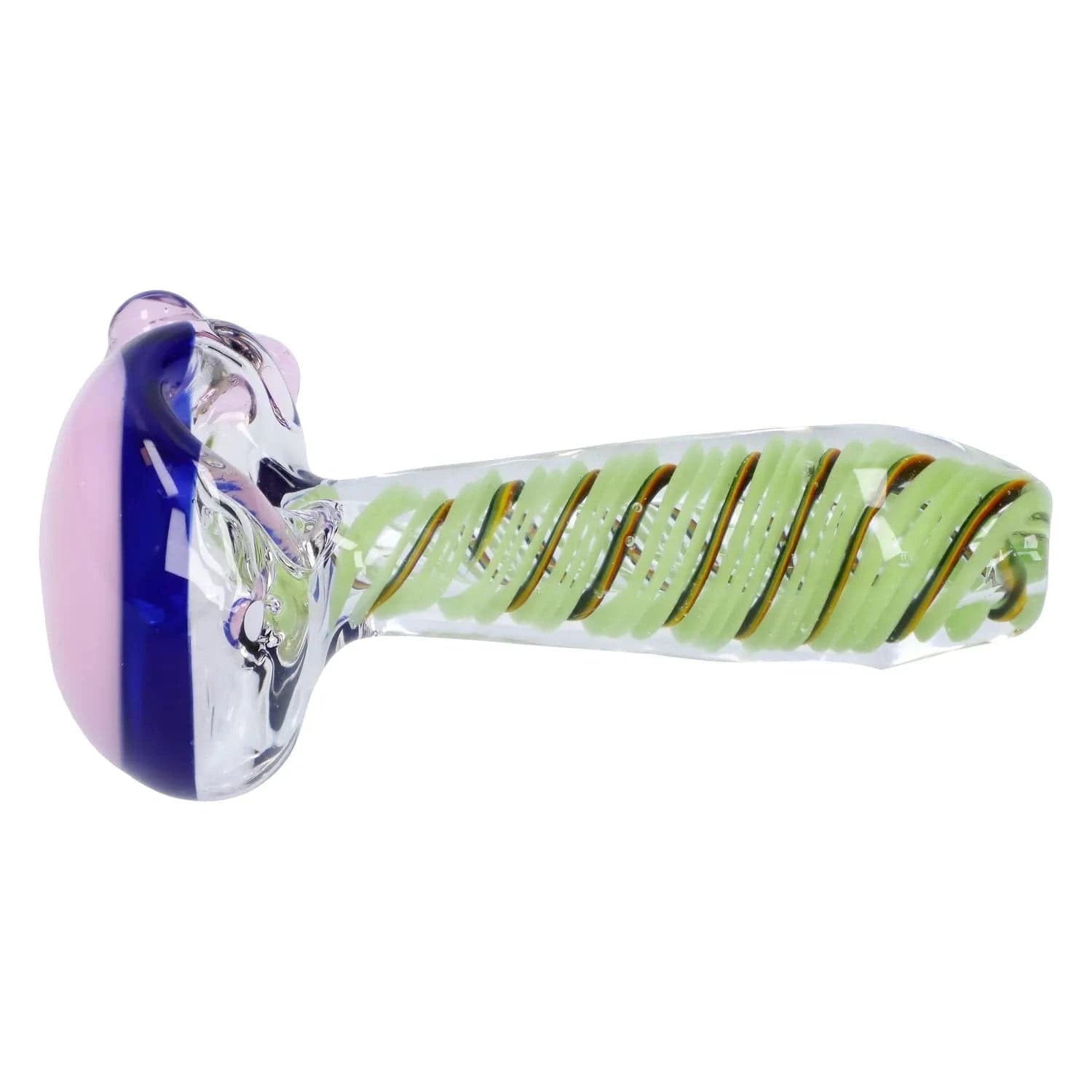 Side view of the Swirling Double Blown Spoon Pipe - 4.5 in showing a clear glass body with green spiral ribbons and a pink-and-blue rounded bowl.