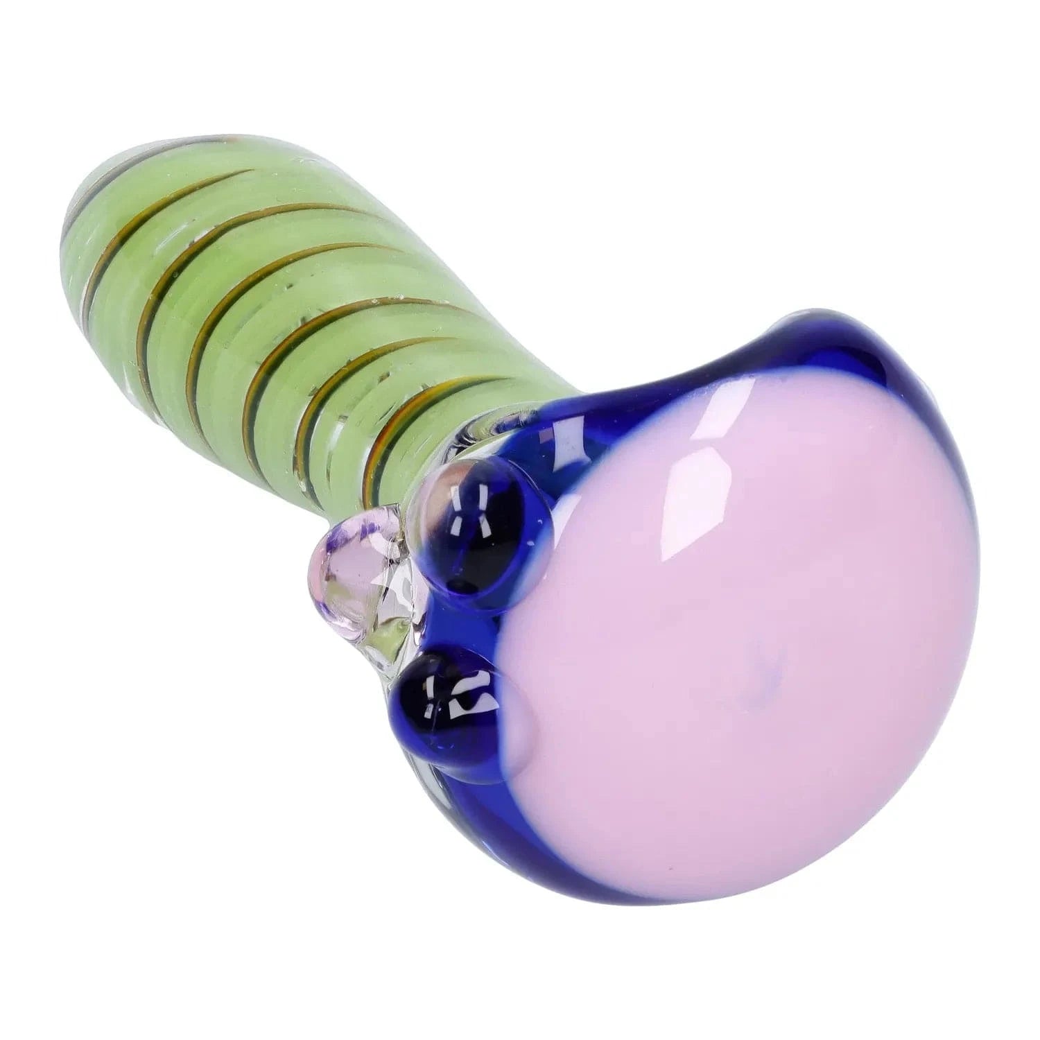 Angled close-up of the Swirling Double Blown Spoon Pipe - 4.5 in showing a pale pink rounded bowl rim with cobalt blue accents and a green swirled handle.