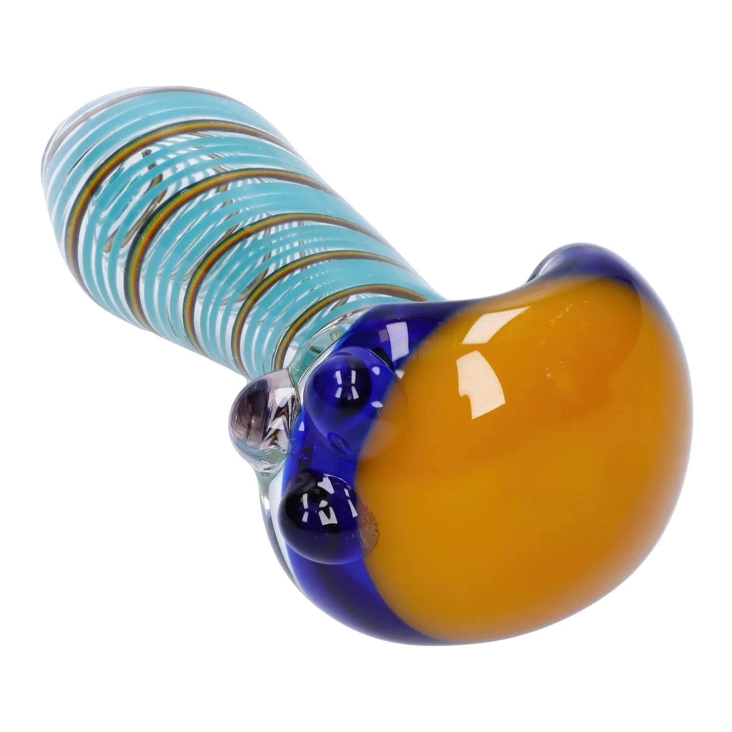 Close-up angled view of the Swirling Double Blown Spoon Pipe - 4.5 in showing a blue-striped teal body and a glossy amber and cobalt bowl with raised glass accents