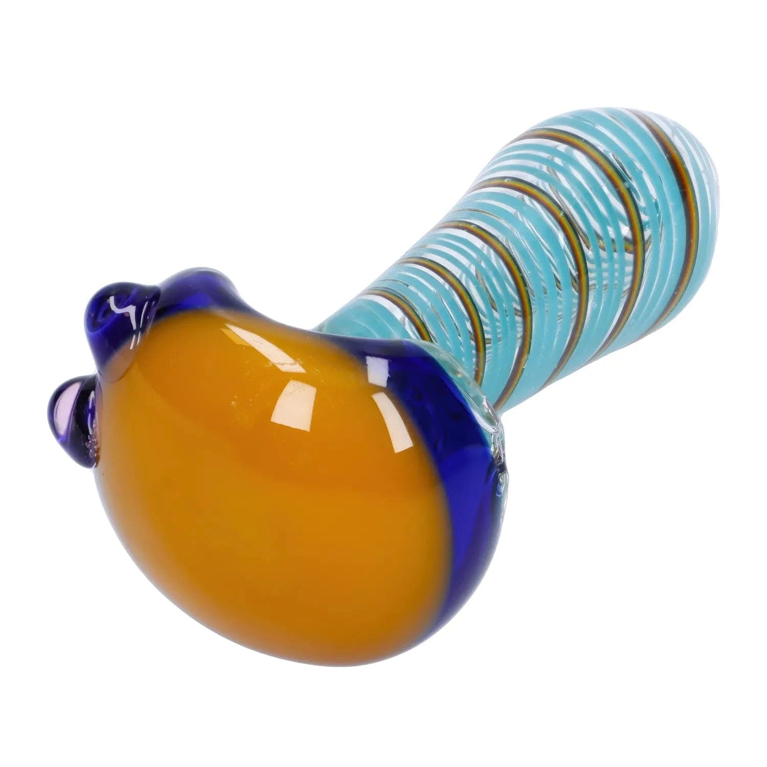 Close-up angled view of the Swirling Double Blown Spoon Pipe - 4.5 in showing its amber bowl with cobalt blue lip and a spiraled turquoise neck.