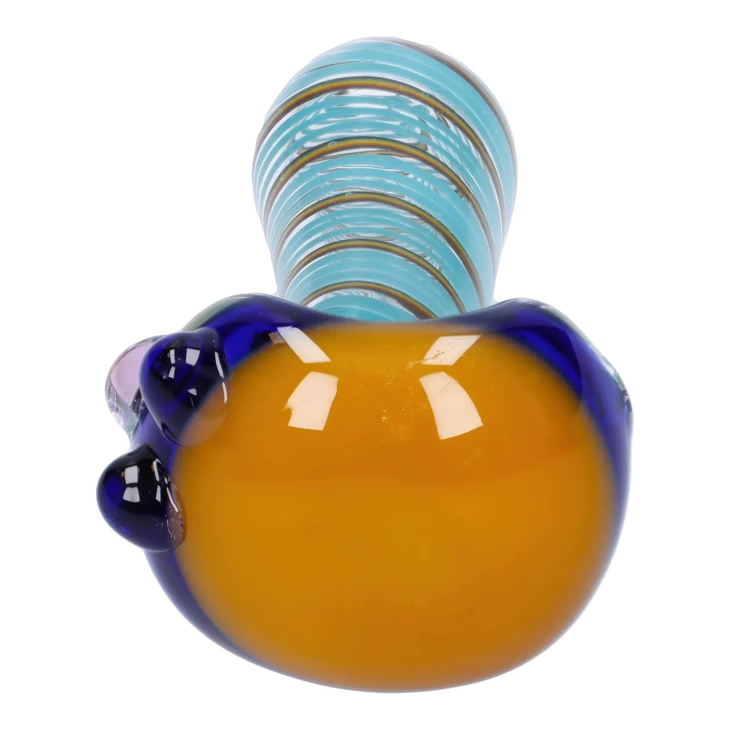 Close-up front view of the Swirling Double Blown Spoon Pipe - 4.5 in showing its amber bowl with cobalt blue accents and a turquoise spiraled neck.