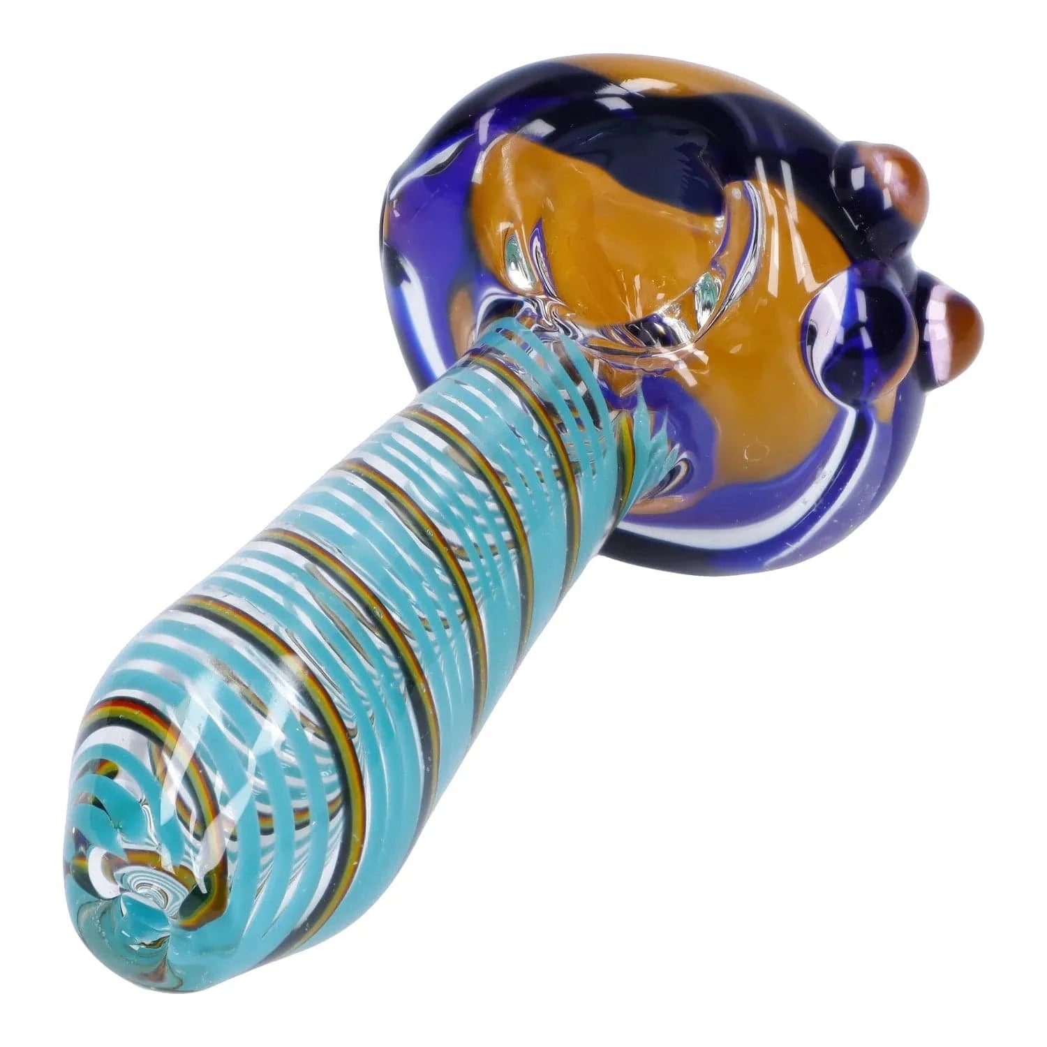 Angled close-up of the Swirling Double Blown Spoon Pipe - 4.5 in showing its turquoise spiral-wrapped stem and blue-orange rounded bowl on a white background