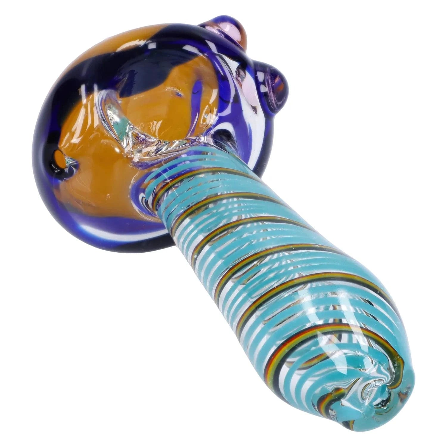 Angled close-up of the Swirling Double Blown Spoon Pipe - 4.5 in showing its blue-striped handle and amber-and-cobalt rounded bowl against a white background