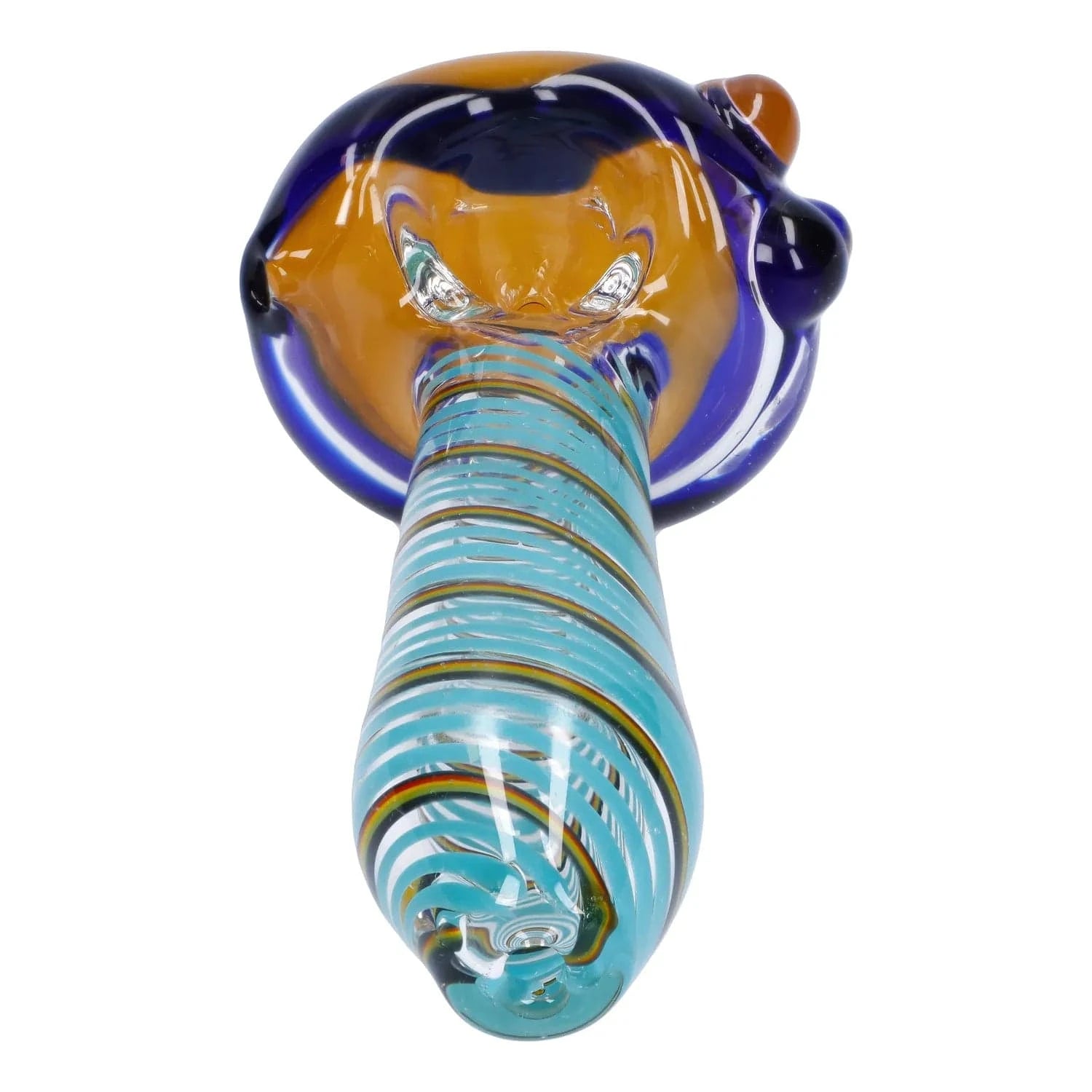Close-up perspective of the Swirling Double Blown Spoon Pipe - 4.5 in showing a teal spiraled stem leading up to a rounded amber and cobalt bowl against a white background.