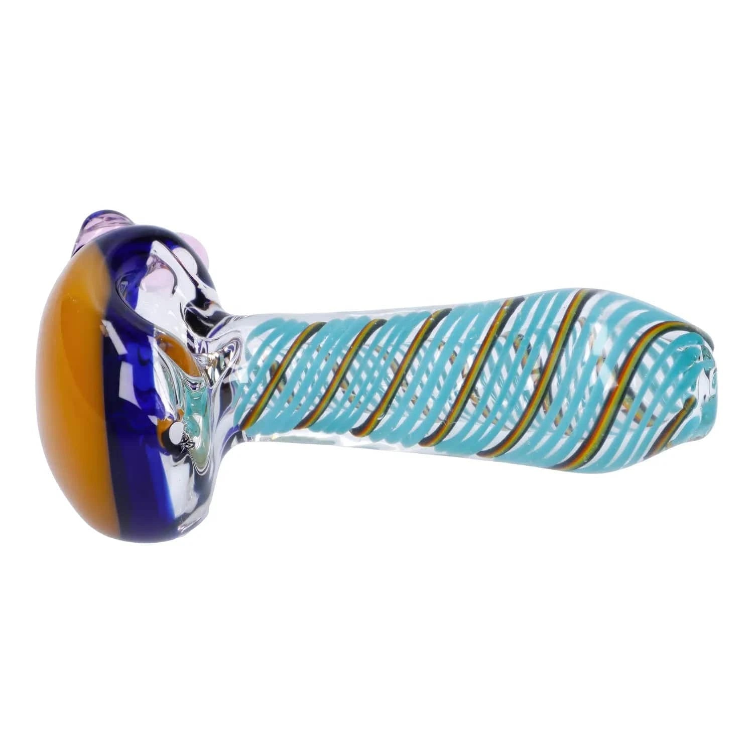 Side view of the Swirling Double Blown Spoon Pipe - 4.5 in showing a clear glass body with turquoise spiral canes and a rounded bowl with blue and amber accents.