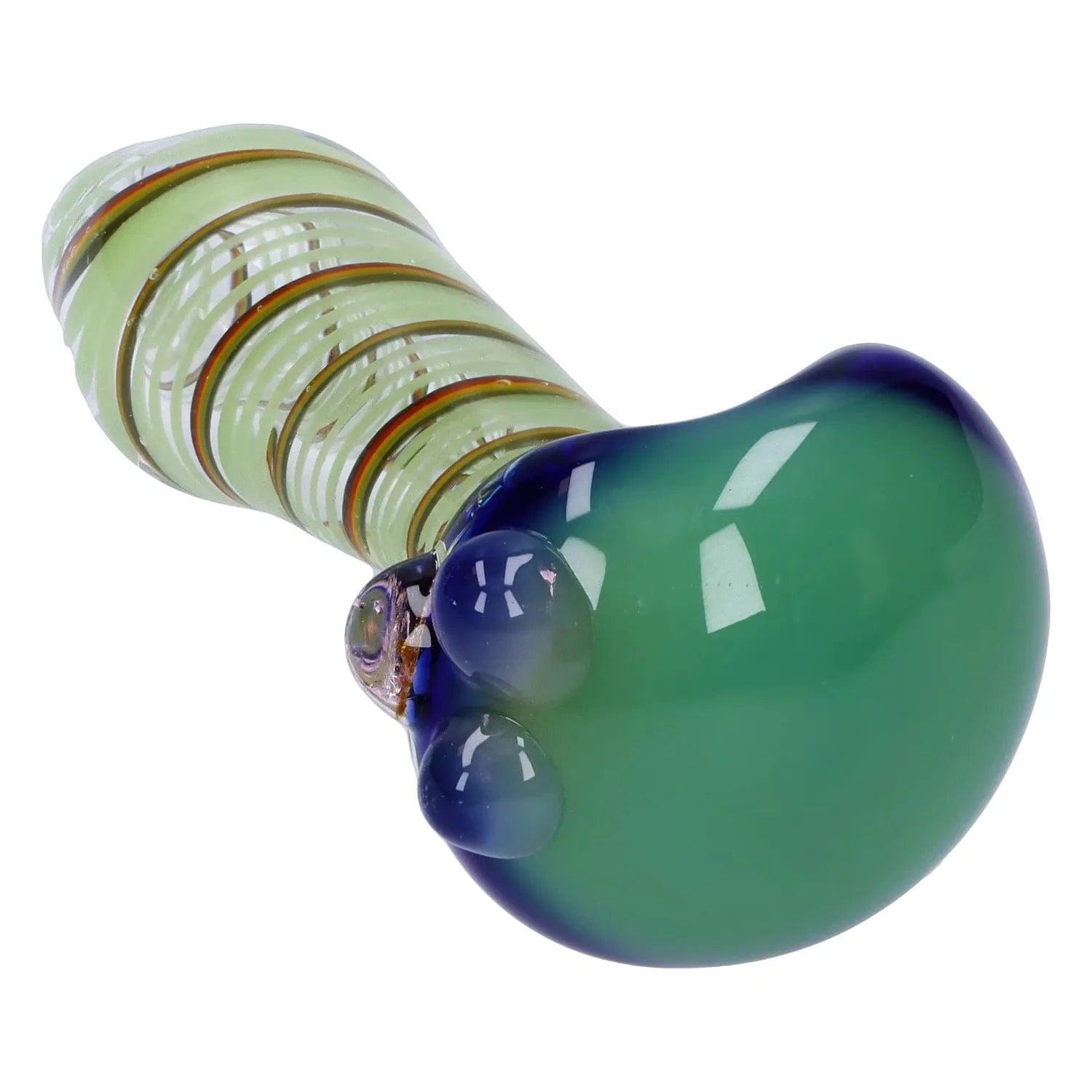 Close-up angled view of the Swirling Double Blown Spoon Pipe - 4.5 in showing its green bowl with blue accents and a spiraled translucent handle.