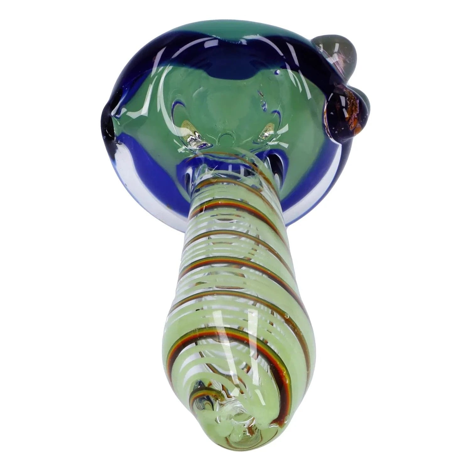 Low-angle close-up of the Swirling Double Blown Spoon Pipe - 4.5 in showing its green glass body with spiral amber stripes.