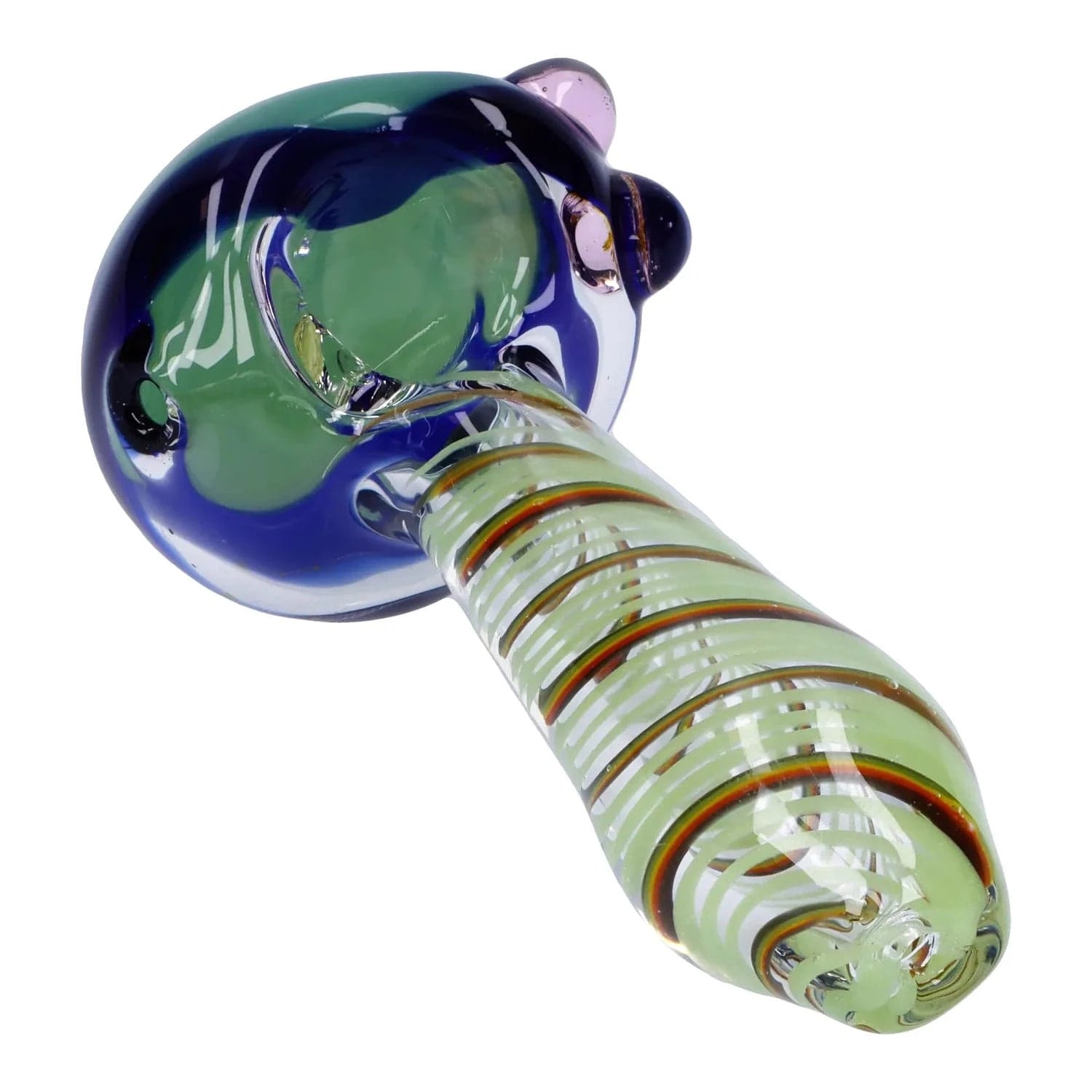 Angled close-up of the Swirling Double Blown Spoon Pipe - 4.5 in showing its green and blue swirled bowl and striped glass stem against a white background