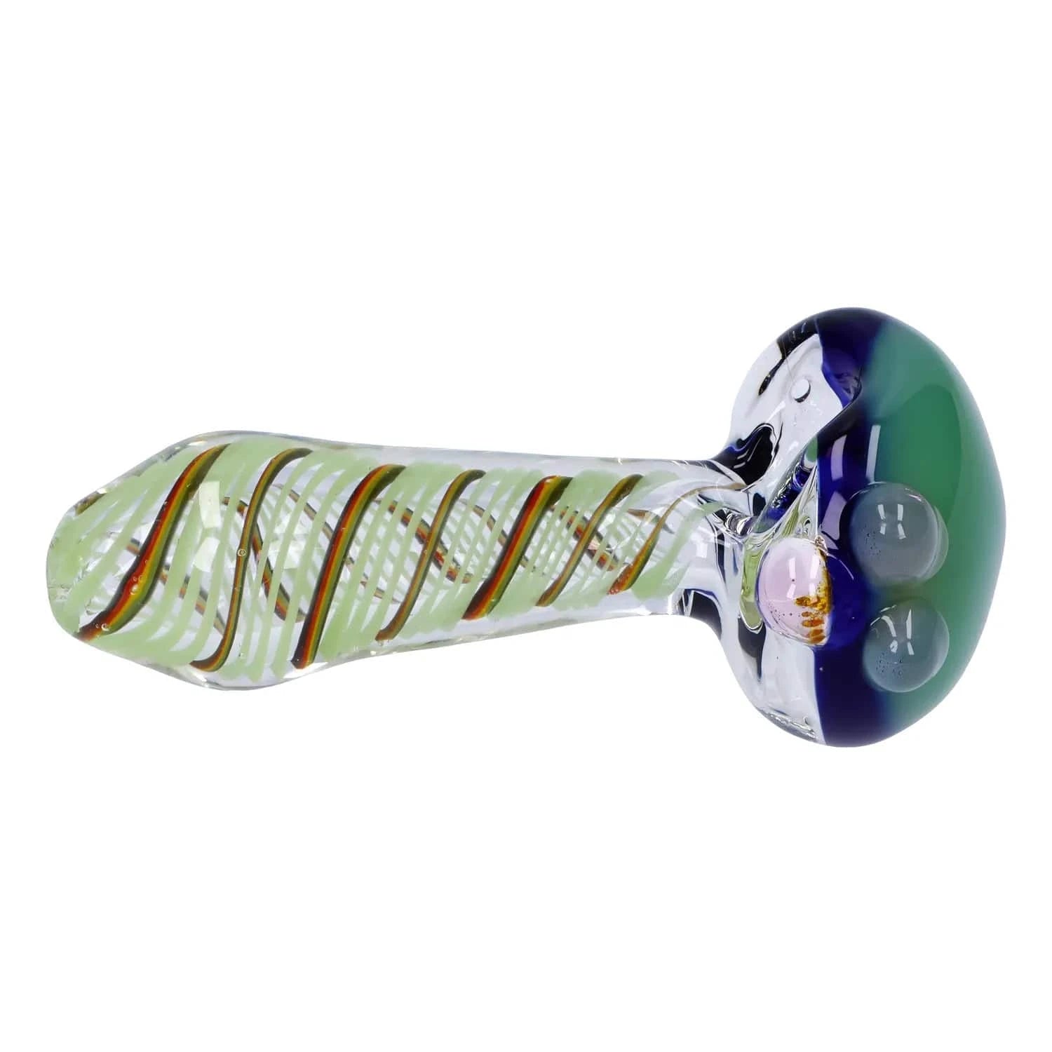 Side profile of the Swirling Double Blown Spoon Pipe - 4.5 in showing a clear glass body with green spiral ribboning and a rounded green-and-blue bowl with three decorative marbles.