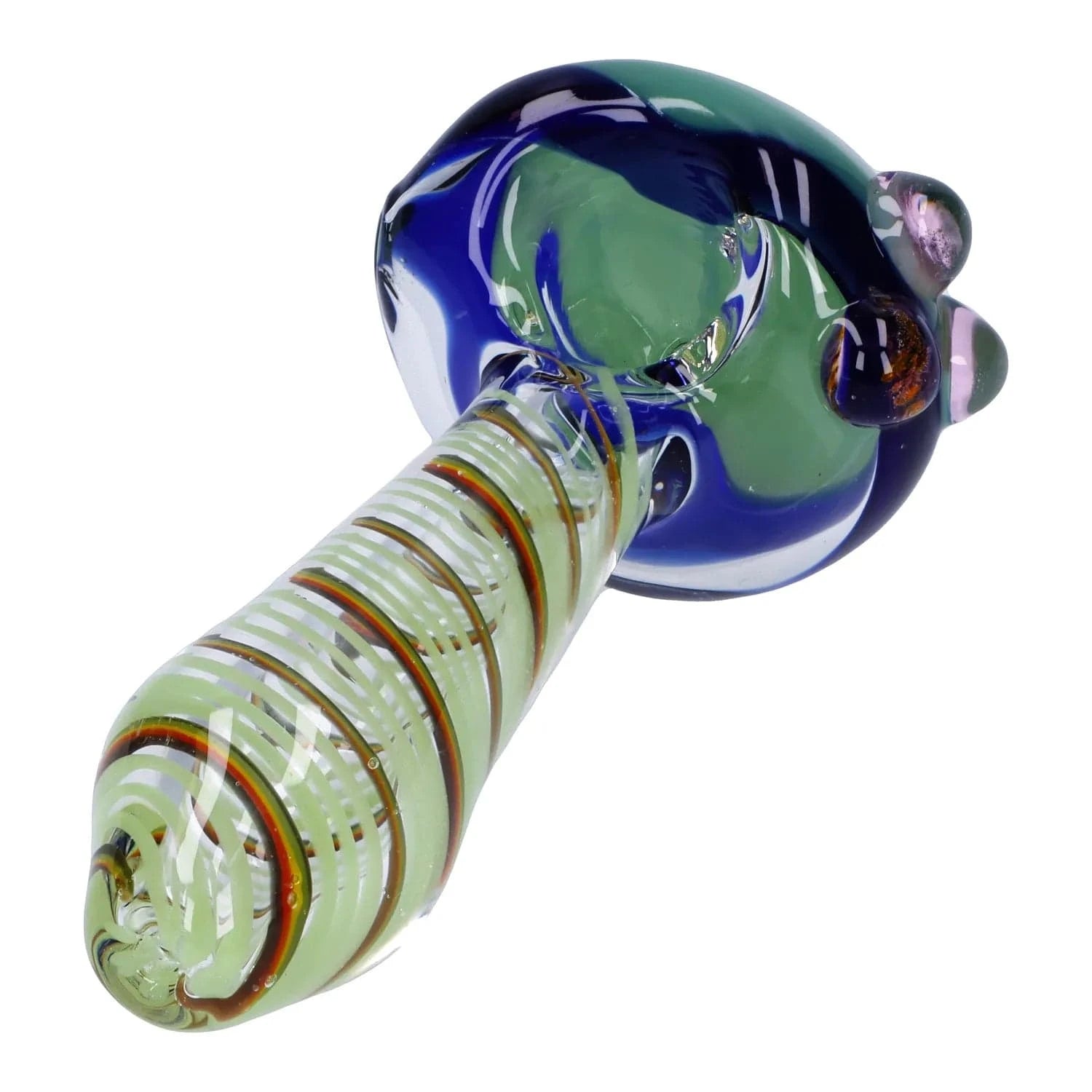 Angled close-up of the Swirling Double Blown Spoon Pipe - 4.5 in showing its green and blue glass bowl with raised nodules and a spiraled green-and-amber swirled stem