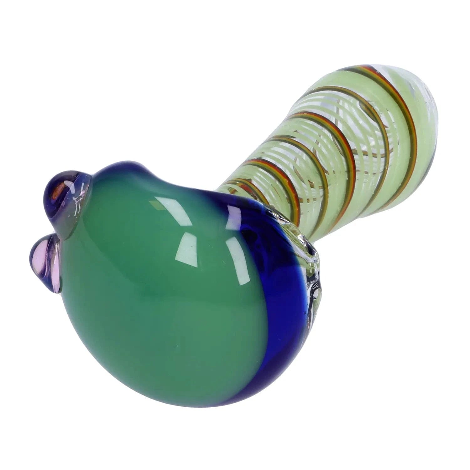 Close-up angled view of the Swirling Double Blown Spoon Pipe - 4.5 in showing its green bulbous bowl with blue rim and a spiral-striped clear handle.