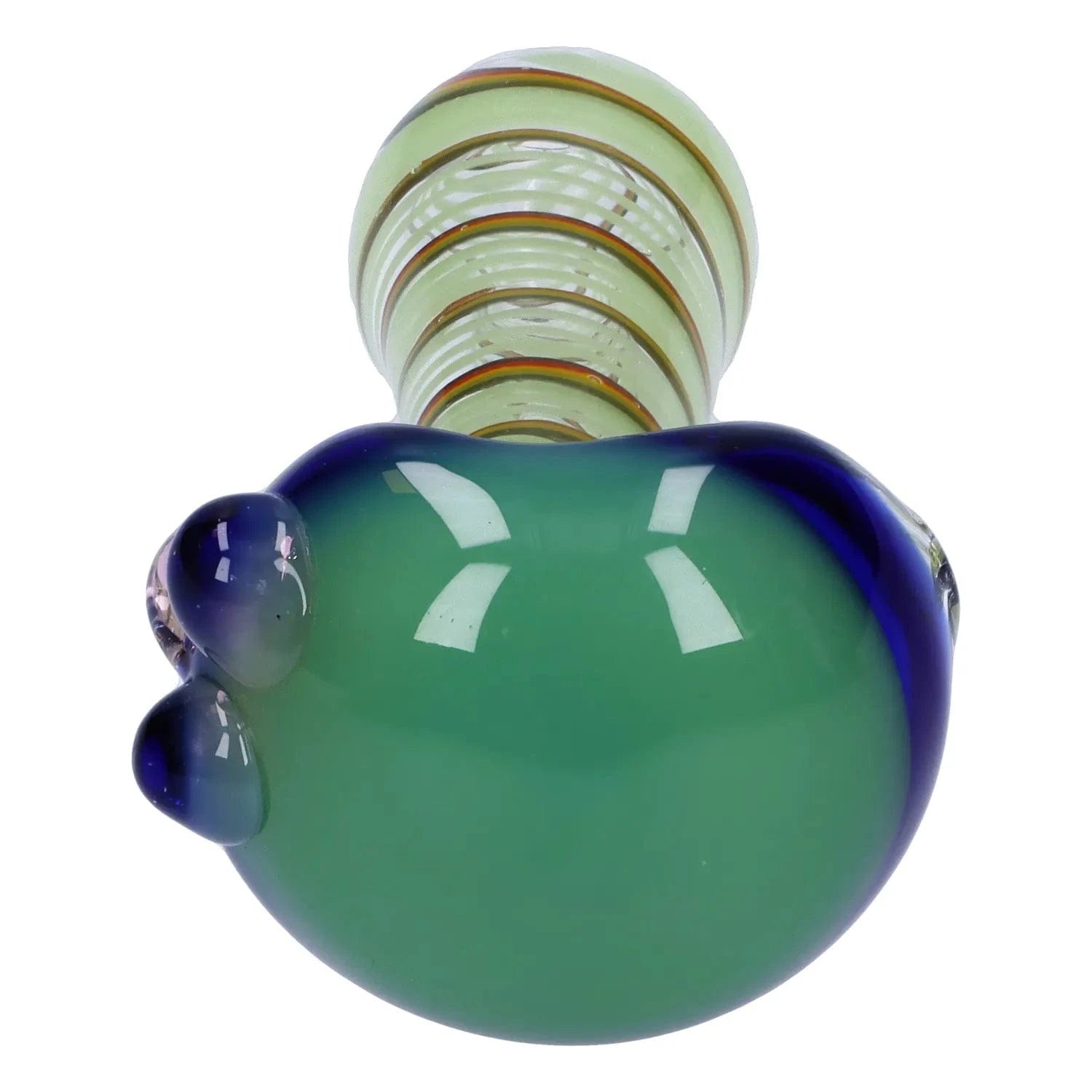 Top-down close-up of the Swirling Double Blown Spoon Pipe - 4.5 in showing a green rounded bowl with blue-rimmed edges and a spiraled translucent neck.