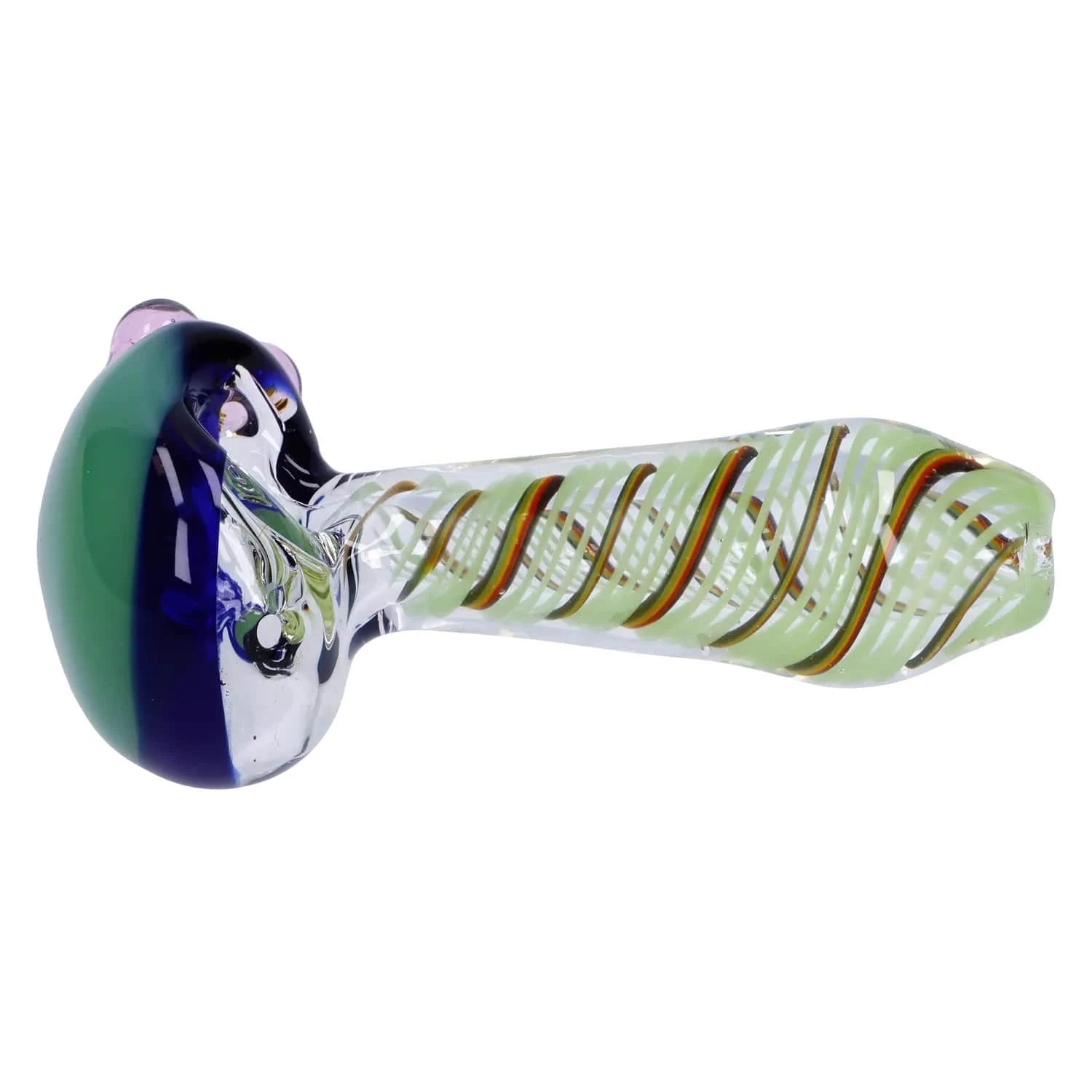 Side view of the Swirling Double Blown Spoon Pipe - 4.5 in showing a clear glass body with green spiral cane and a rounded green-and-blue bowl.