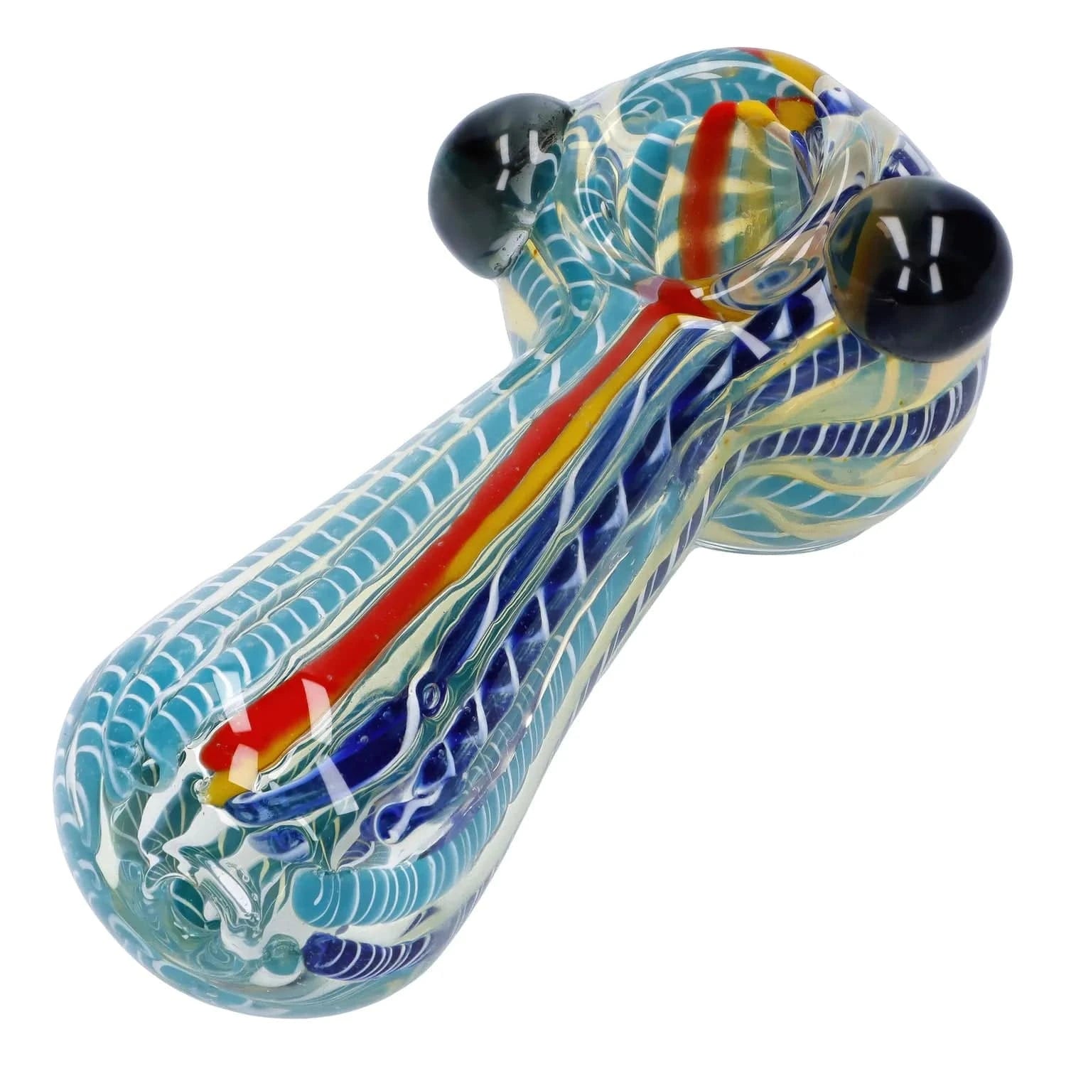 Angled close-up of the Twisted Fumed Pipe - 4.5 in showing its swirled blue, red, yellow and white glass patterns and two dark glass knobs.