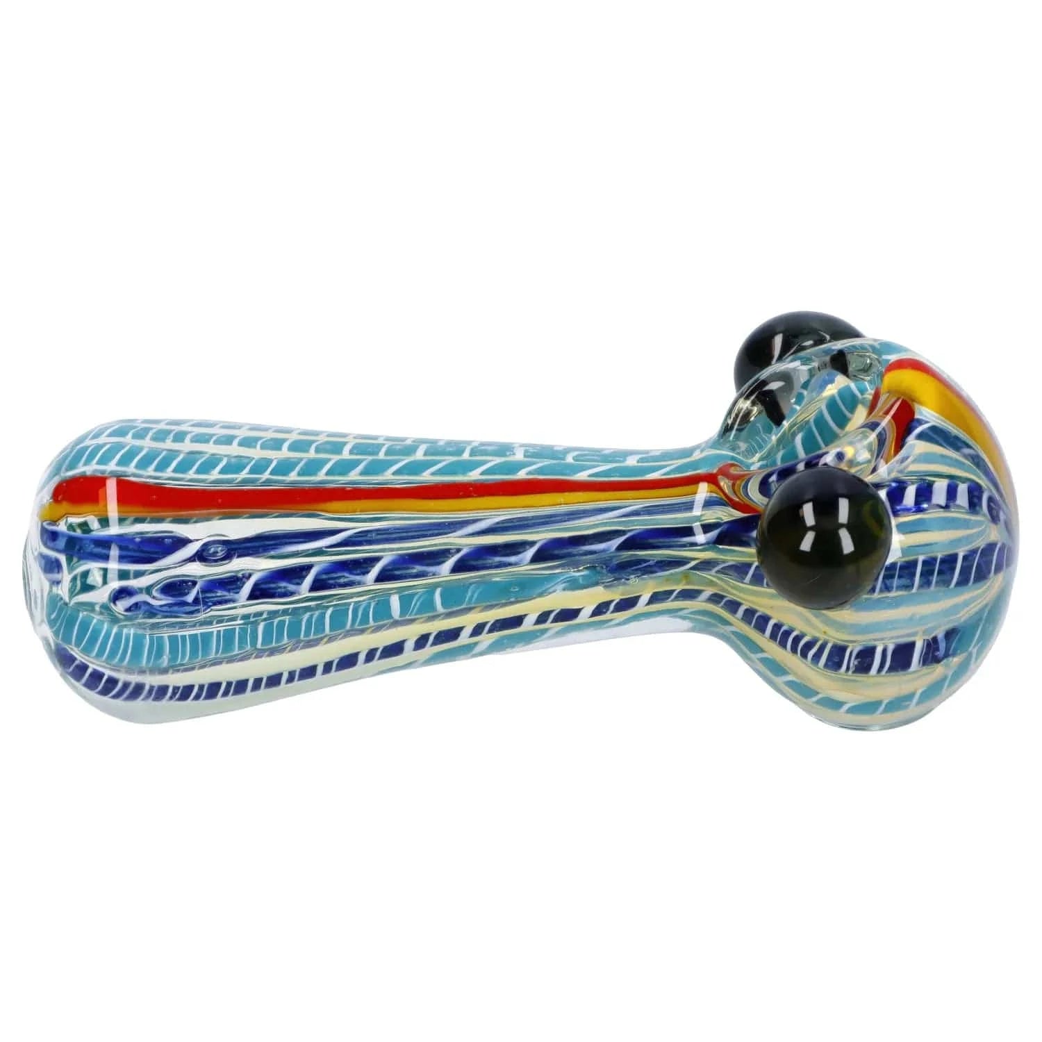 Side view of the Twisted Fumed Pipe - 4.5 in showing a multicolored glass spoon pipe with blue and white striped fuming, red and yellow accent lines, and glossy black carb knobs.