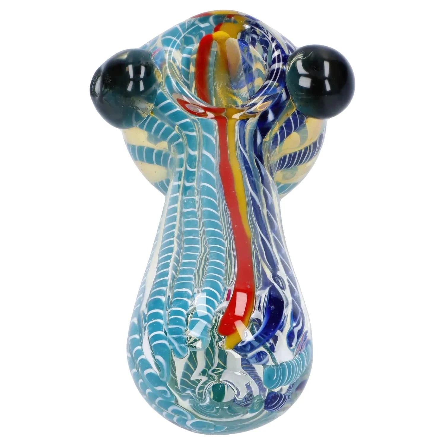 Close-up front view of the Twisted Fumed Pipe - 4.5 in showing its bulbous bowl, teal and blue twisted cane patterns and a central red-and-yellow ribbon.