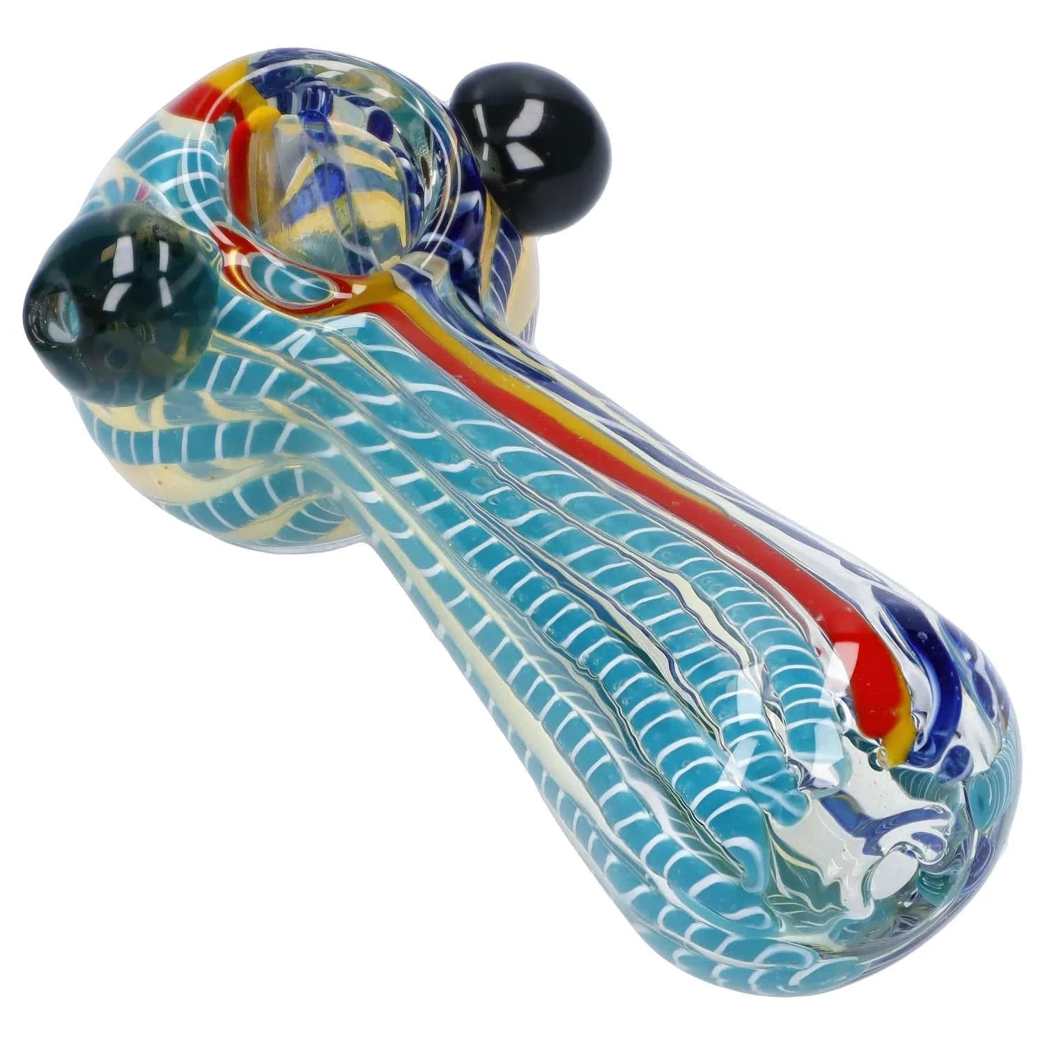 Angled close-up of the Twisted Fumed Pipe - 4.5 in showing blue and white twist cane patterns, a red-yellow stripe, and two dark glass knobs.