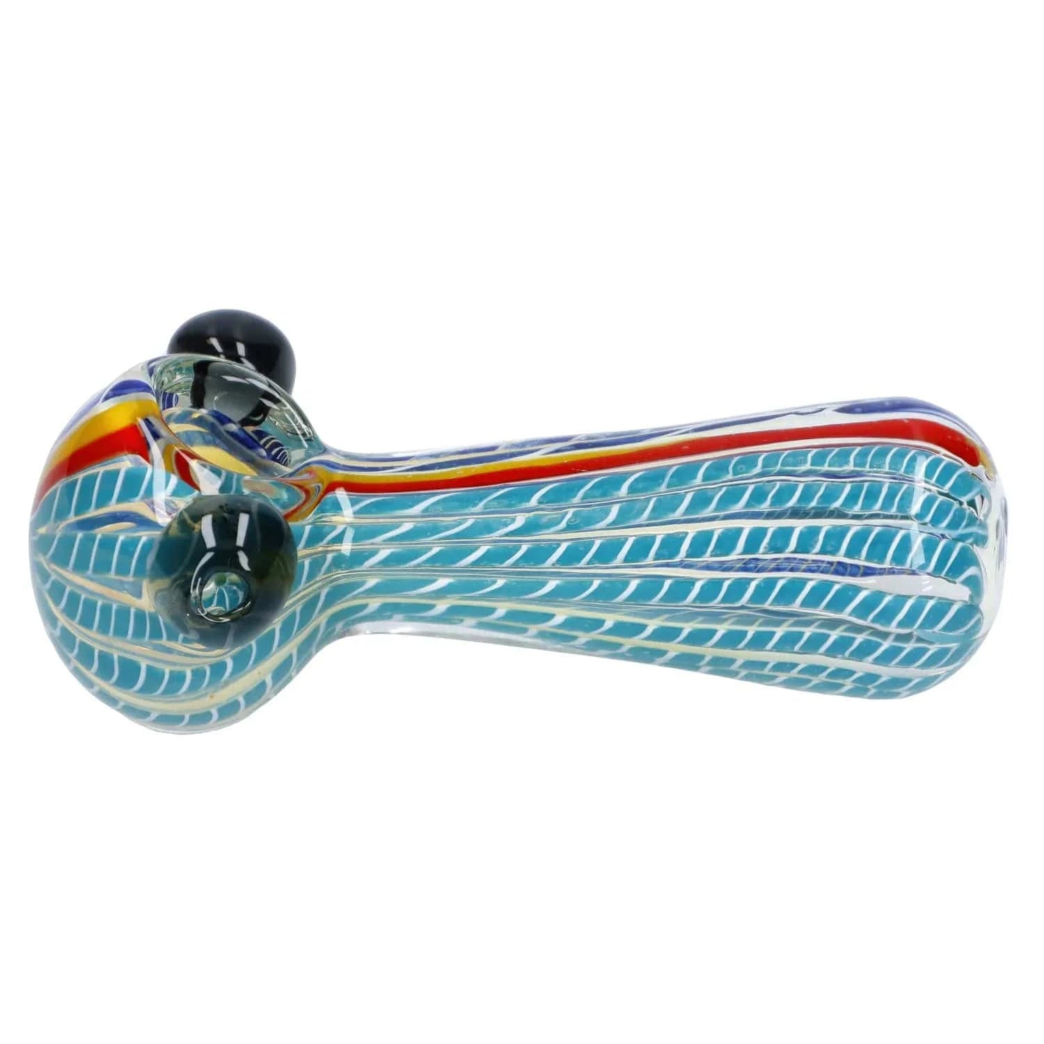 Side view of the Twisted Fumed Pipe - 4.5 in showing a turquoise glass body with white feathered cane lines and a red-yellow stripe along its top.