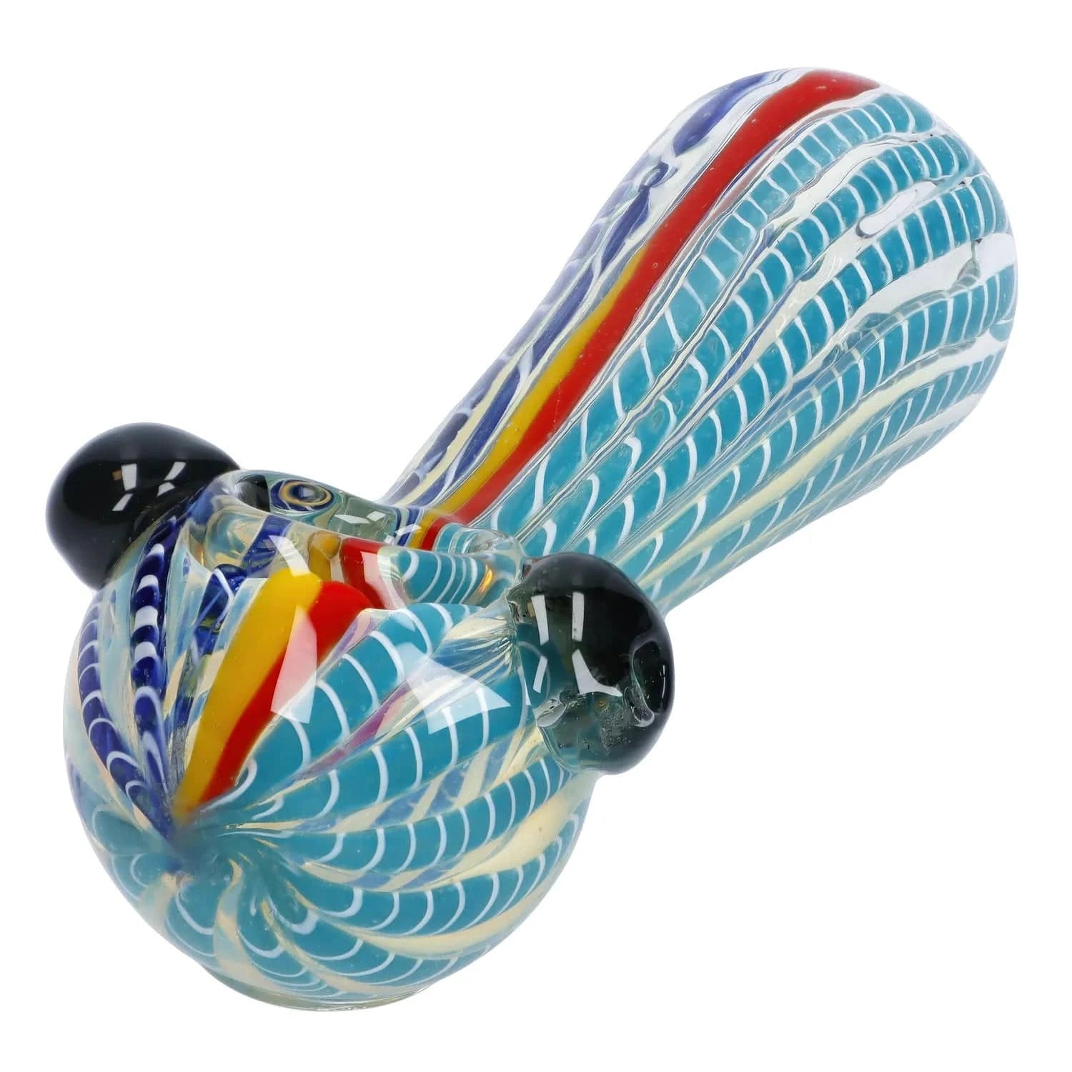 Angled close-up of the Twisted Fumed Pipe - 4.5 in showing its swirled blue-and-white fumed glass with red, yellow and purple ribbon accents.