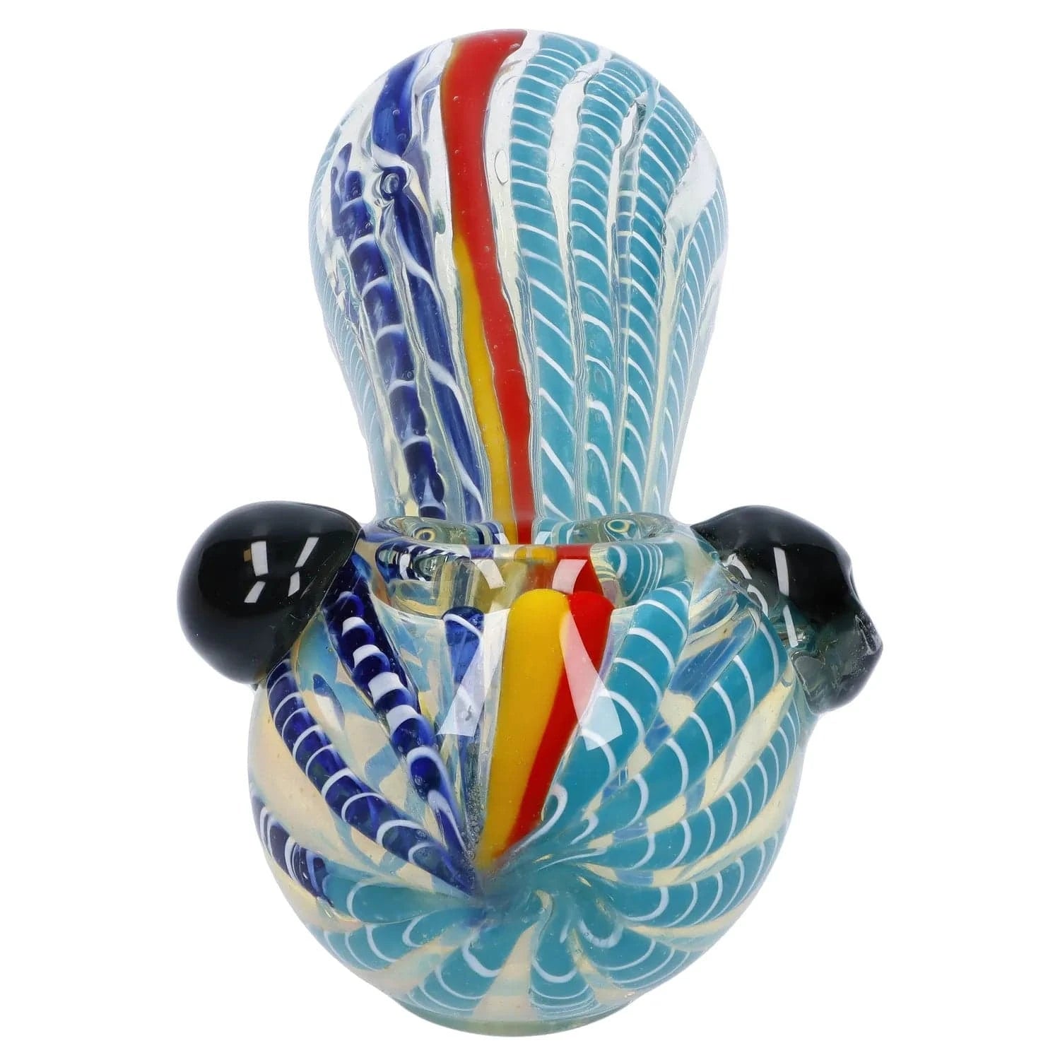Close-up front view of the Twisted Fumed Pipe - 4.5 in showing blue and white twisted cane patterns with a central red-yellow stripe.