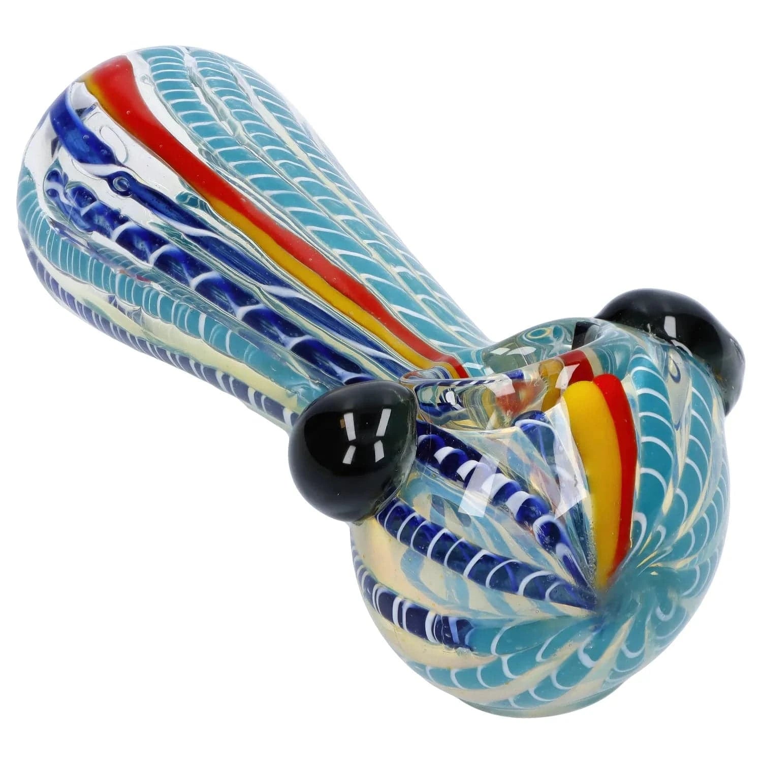 Close-up angled view of the Twisted Fumed Pipe - 4.5 in showing its turquoise and white twisted cane pattern with red and yellow striping and black glass accent knobs