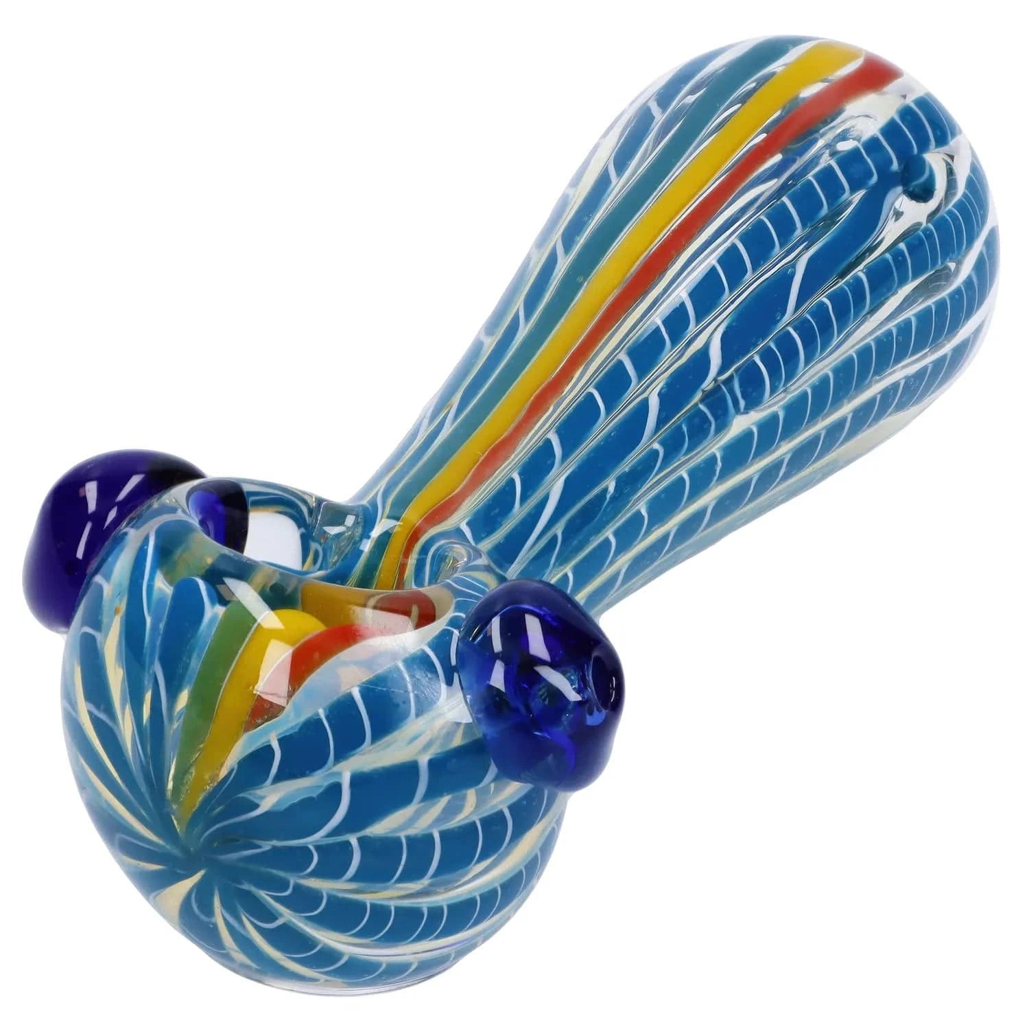 Angled close-up of the Twisted Fumed Pipe - 4.5 in showing its blue glass body with white feathered swirls, colored stripe inlay, and rounded blue knobs.