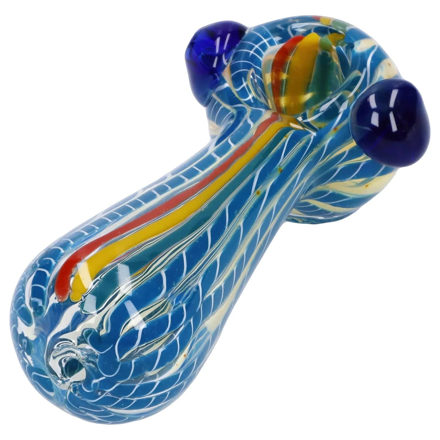 Angled close-up of the Twisted Fumed Pipe - 4.5 in showing its blue glass body with white feathered lines and multi‑colored central stripe.