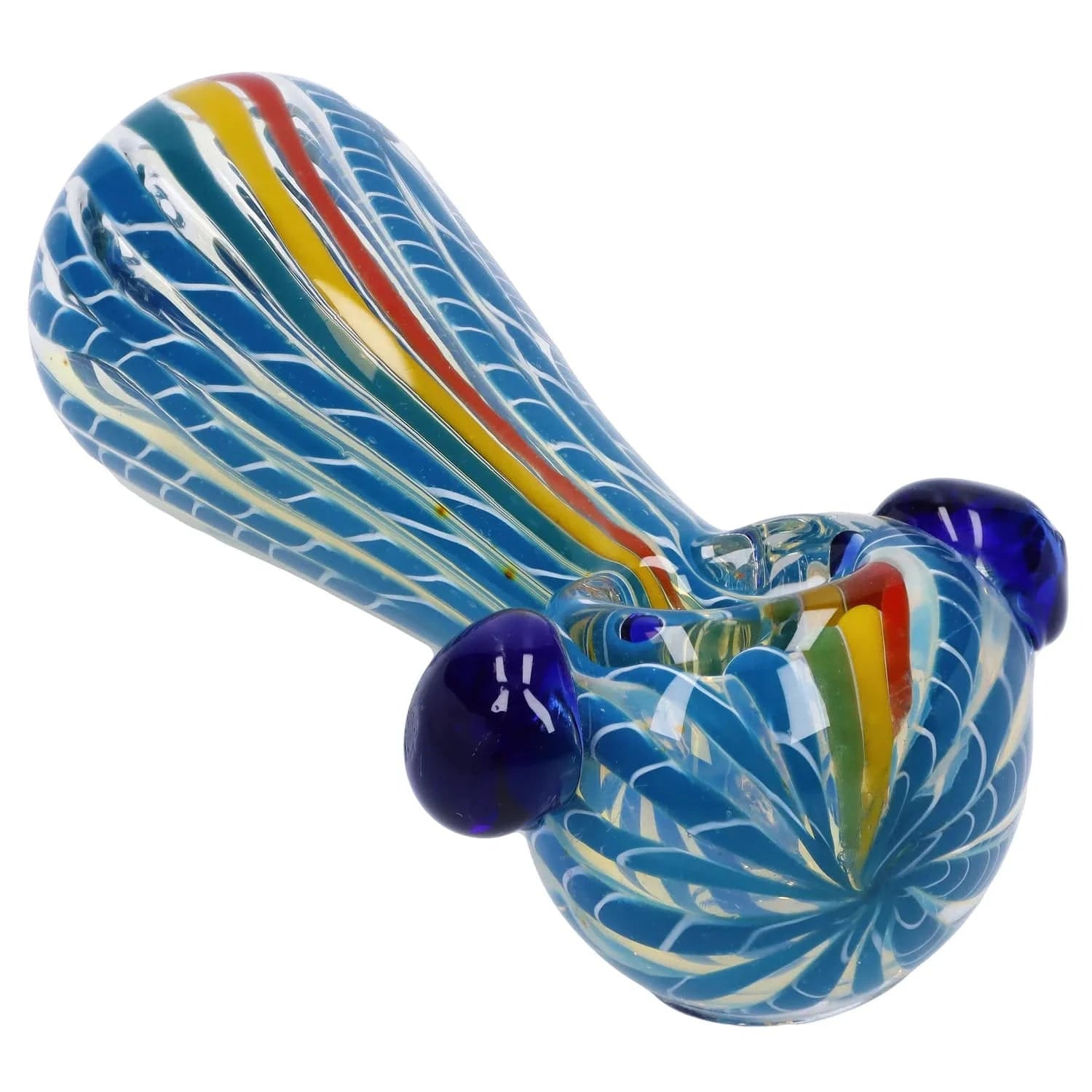 Close-up angled view of the Twisted Fumed Pipe - 4.5 in showing its blue swirled glass body with white feathering and rainbow cane accents.