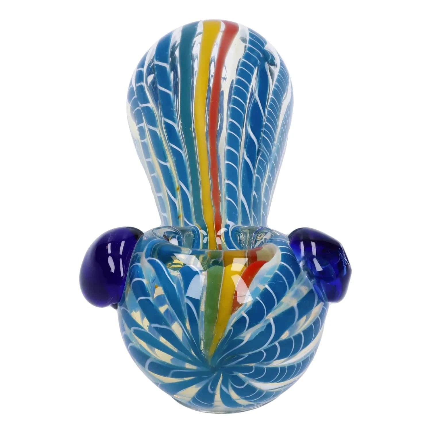 Top-down close-up of the Twisted Fumed Pipe - 4.5 in showing blue and white twisted glass patterns with a central rainbow stripe and two cobalt knobs.