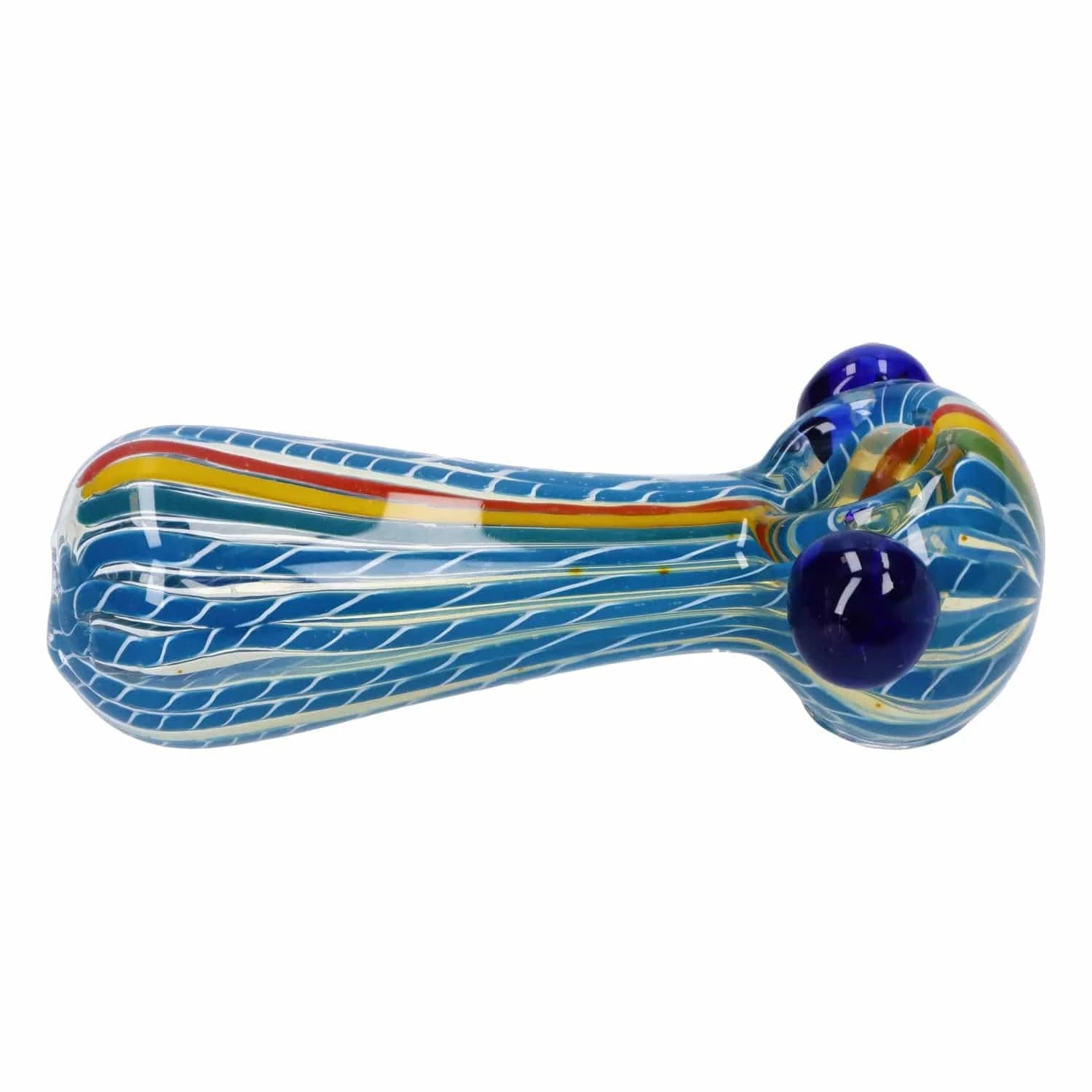 Side view of the Twisted Fumed Pipe - 4.5 in showing a blue glass spoon pipe with white spiral stripes, rainbow accent lines, and two raised cobalt bumps.
