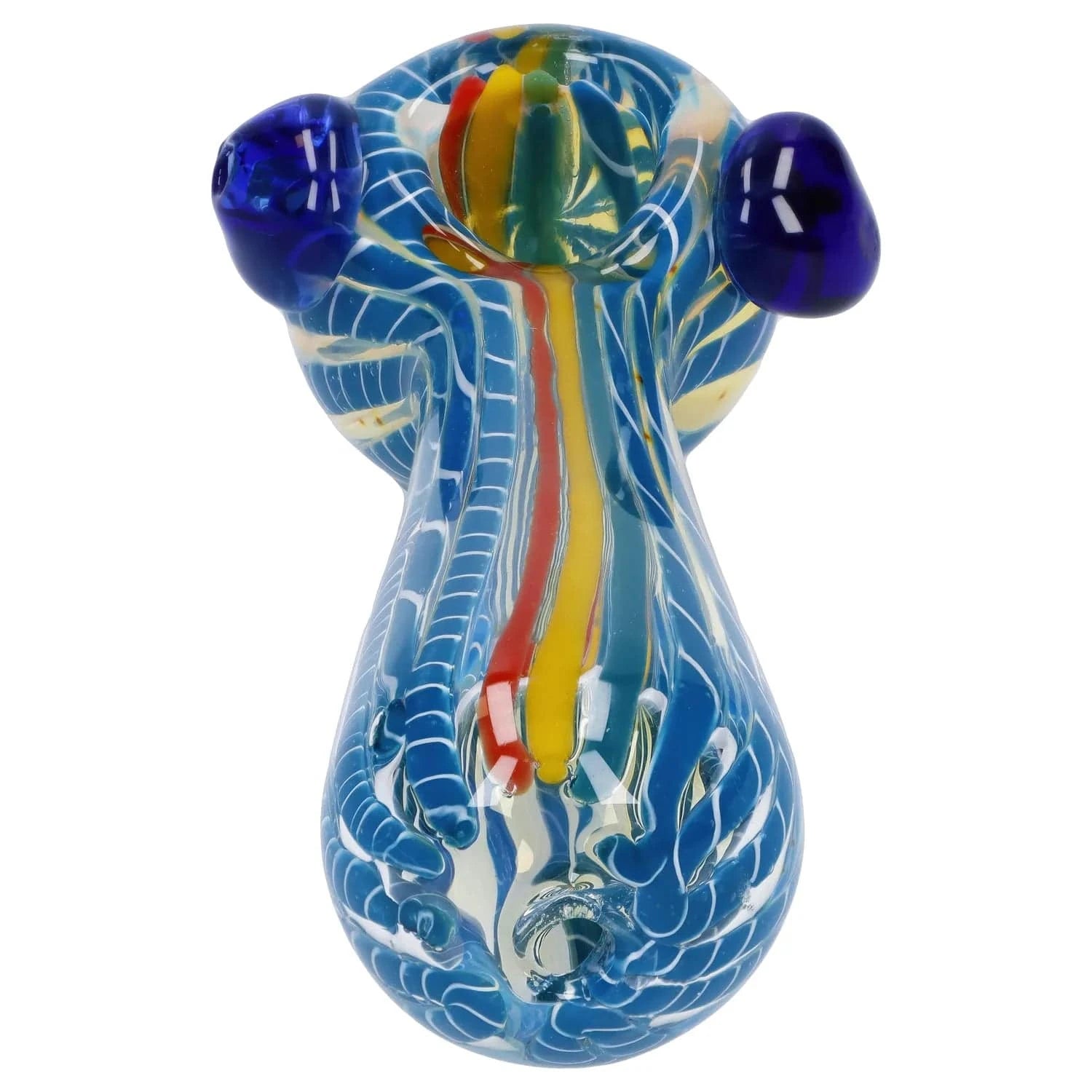 Close-up front view of the Twisted Fumed Pipe - 4.5 in showing blue swirled glass with white filigree and two deep blue knobs.