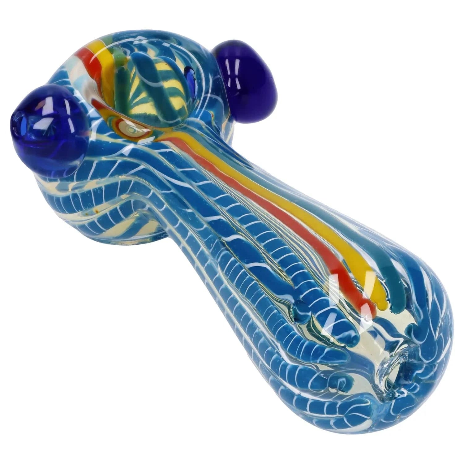 Angled close-up of the Twisted Fumed Pipe - 4.5 in showing blue glass with white pinstripes and red and yellow fumed swirl accents.