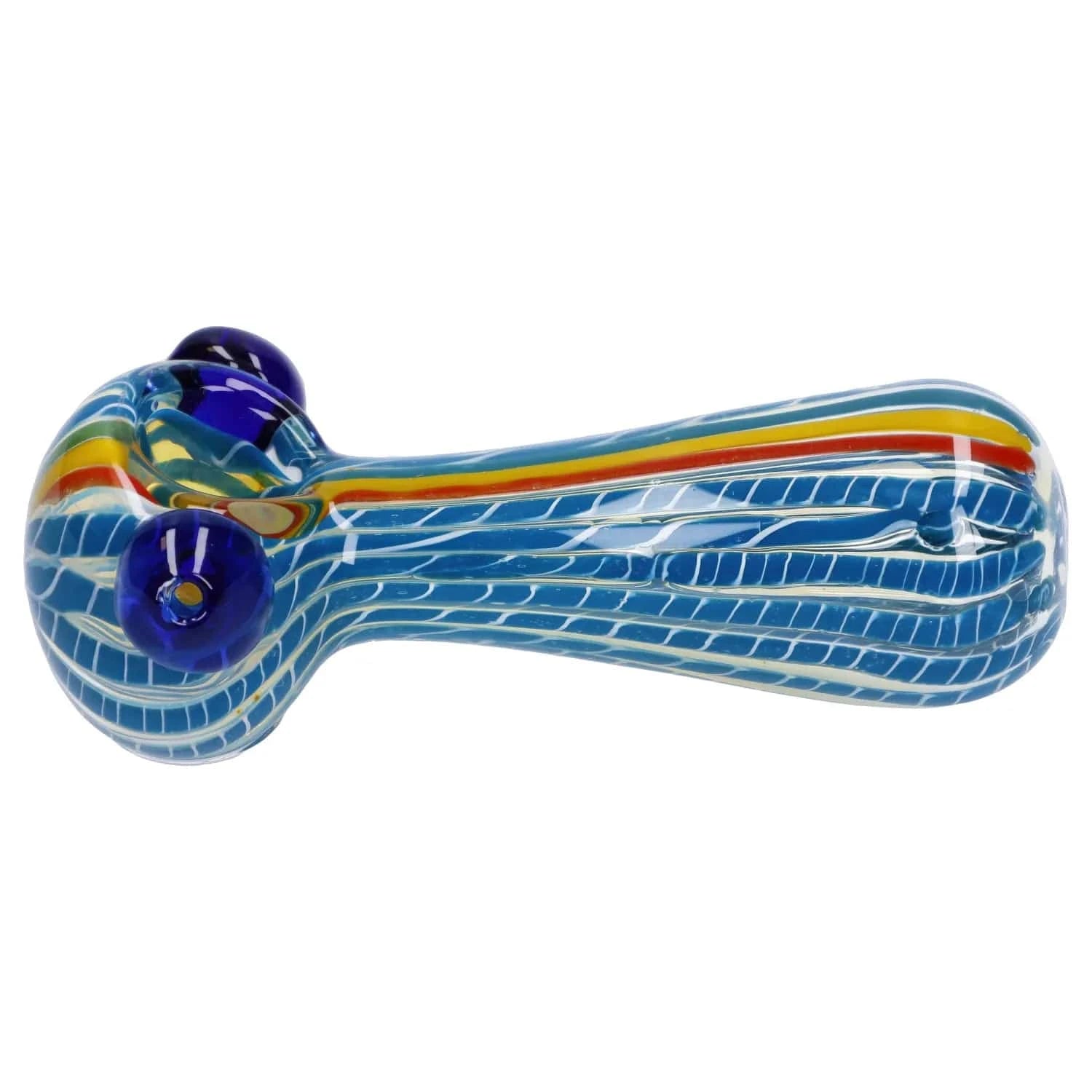 Side view of the Twisted Fumed Pipe - 4.5 in showing a blue glass spoon shape with white lattice stripes and a rainbow ribbon along the top.