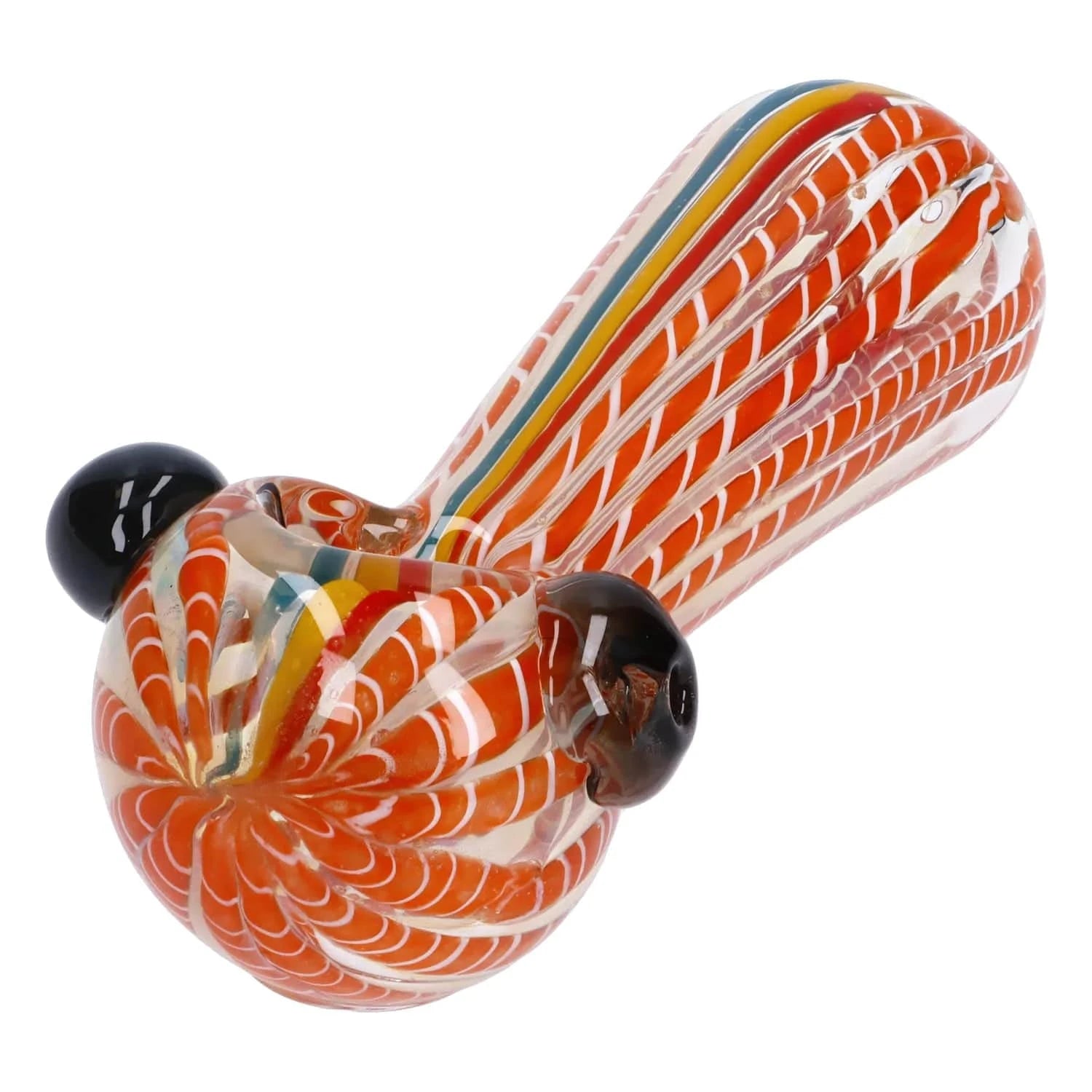 Close-up angled view of the Twisted Fumed Pipe - 4.5 in showing its orange-and-white spiraled fumed glass pattern and black rounded accents.