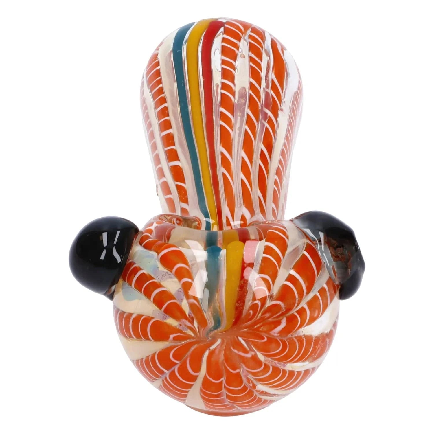 Close-up top view of the Twisted Fumed Pipe - 4.5 in showing orange-and-white swirled glass with colored stripes and two black knobs.