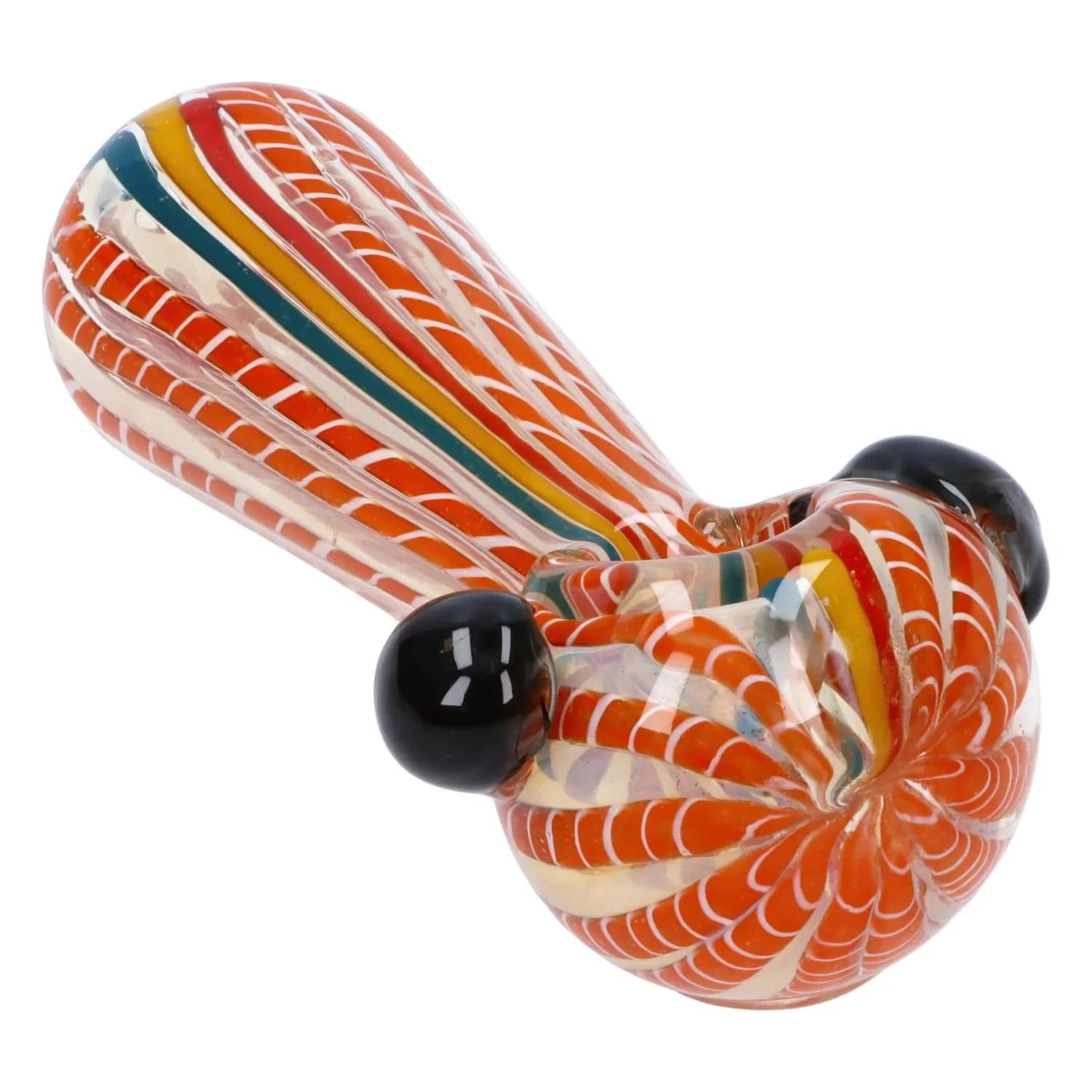 Angled close-up of the Twisted Fumed Pipe - 4.5 in showing its orange and white twisted cane pattern with teal and yellow accent stripes on a white background