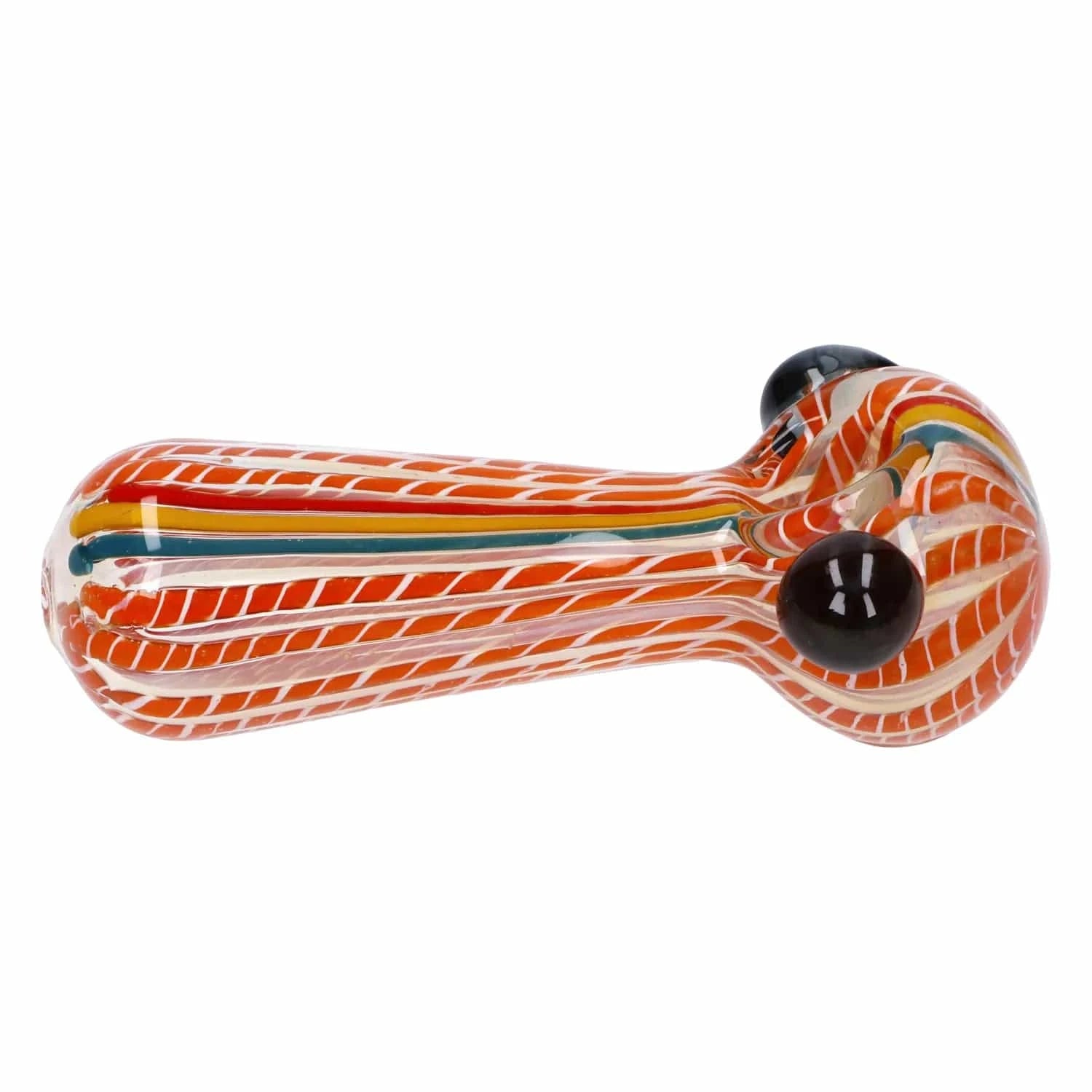 Side view of the Twisted Fumed Pipe - 4.5 in showing orange and white twisted stripes with black glass carb knobs on a white background