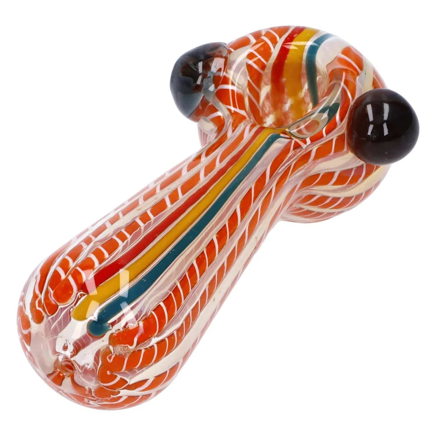Close-up angled view of the Twisted Fumed Pipe - 4.5 in showing its orange-and-white twisted cane pattern with blue and yellow stripes and two dark glass knobs.