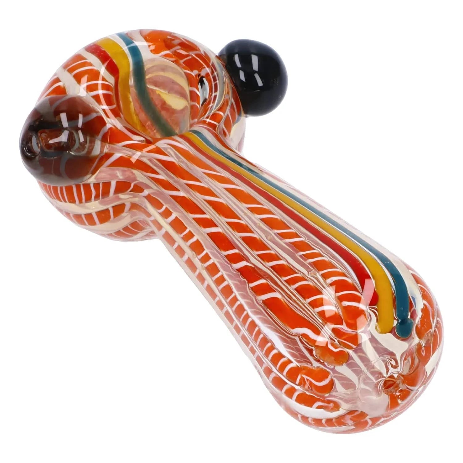 Close-up angled view of the Twisted Fumed Pipe - 4.5 in showing its orange-and-white swirled glass body with colored stripe accents and a black glass carb.
