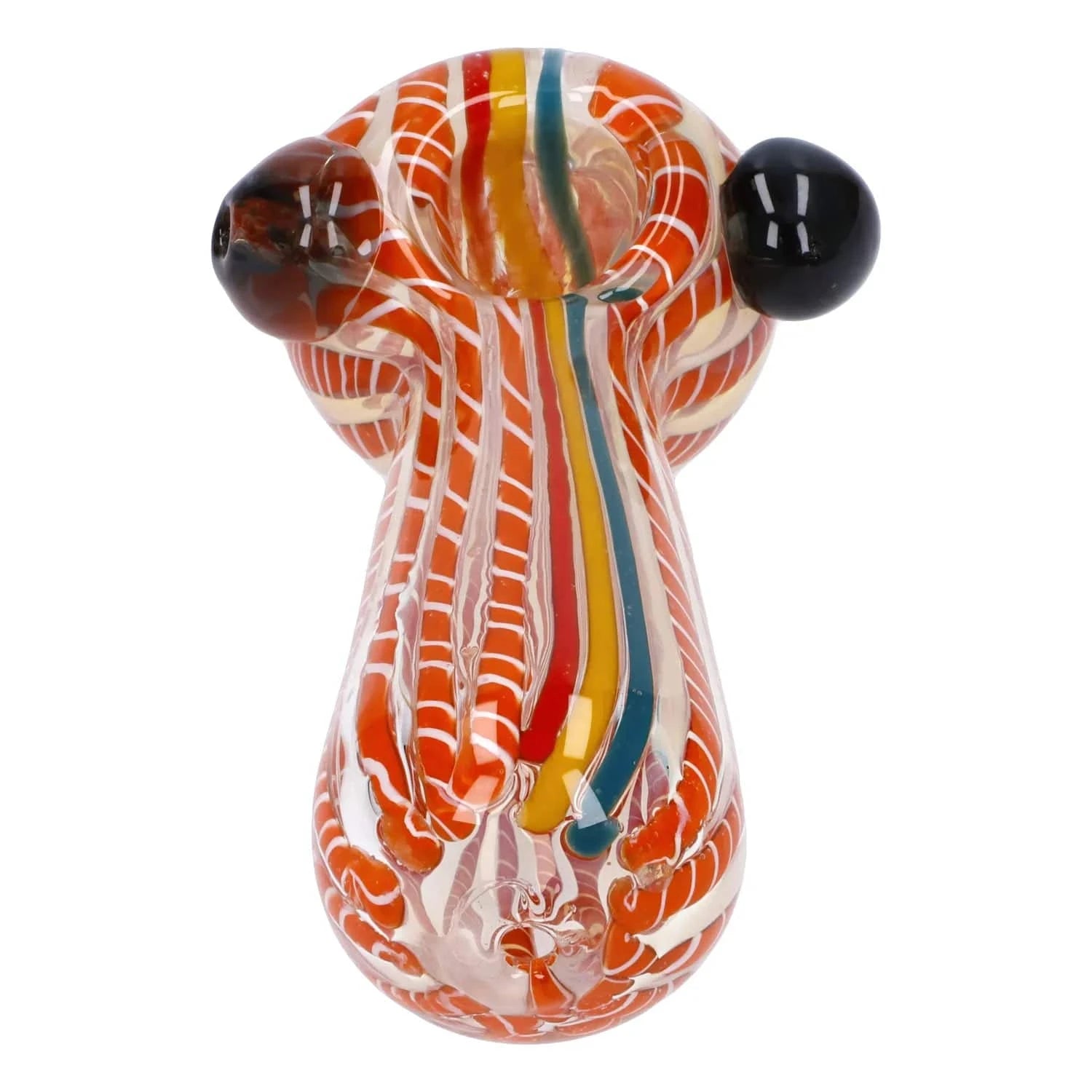 Close-up top view of the Twisted Fumed Pipe - 4.5 in showing orange and white twisted stripes with two dark glass knobs.