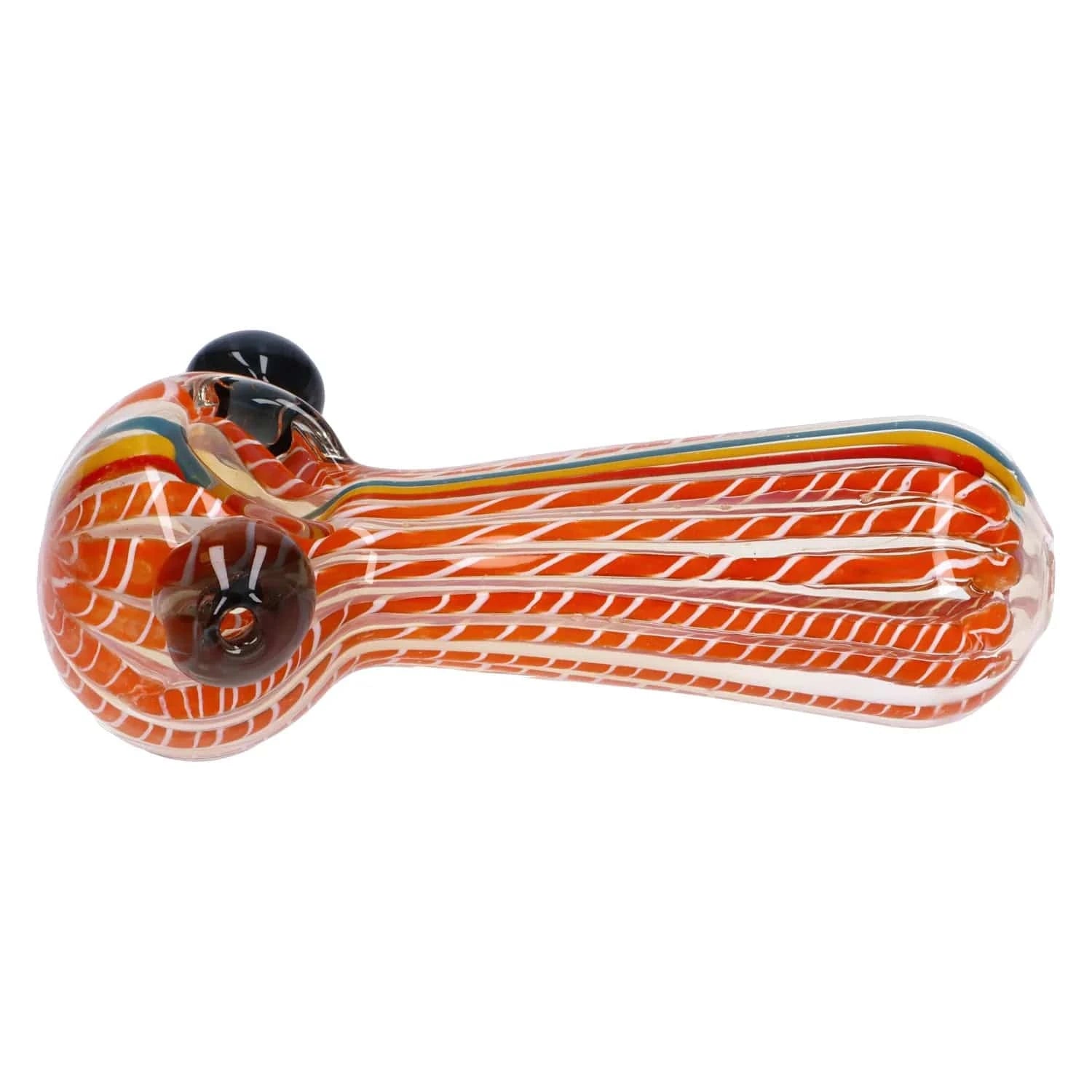 Side view of the Twisted Fumed Pipe - 4.5 in showing orange-and-white twisted stripes along the glass bowl and stem against a white background.