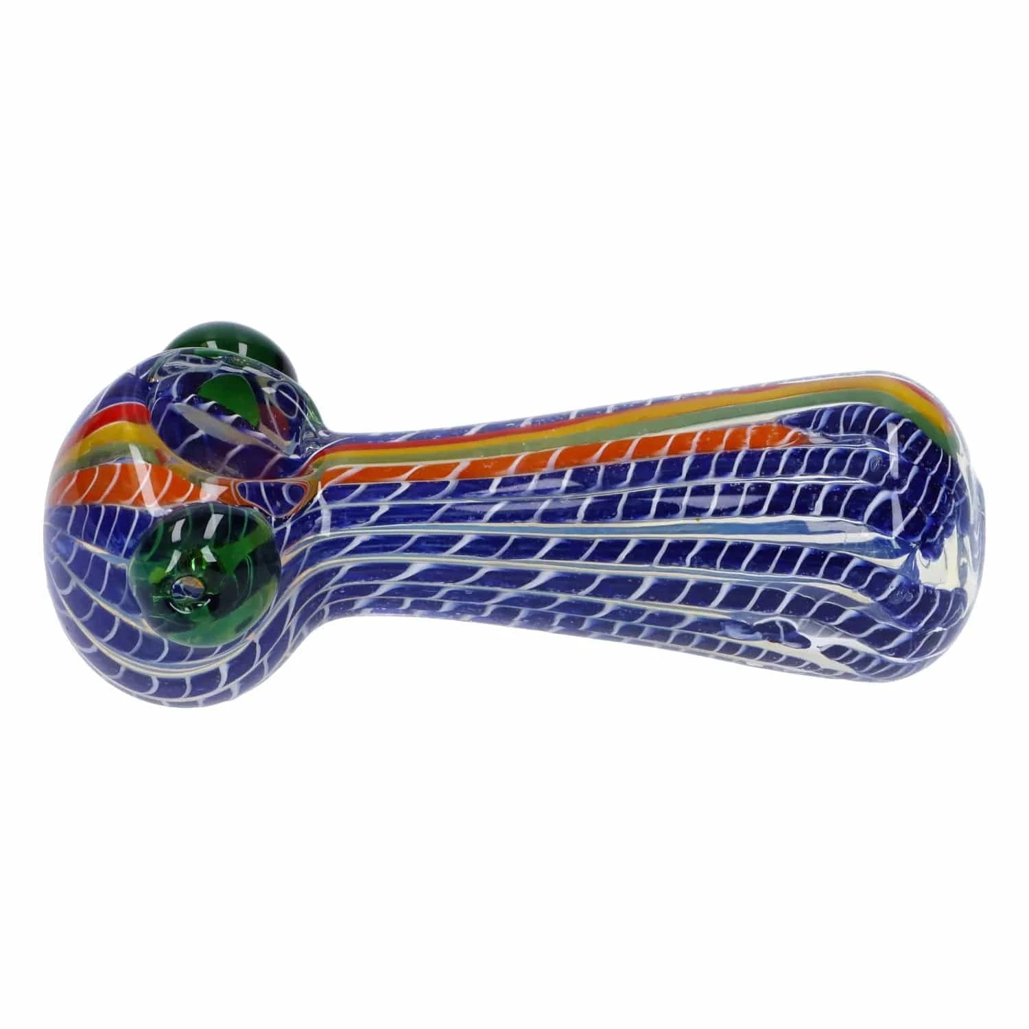 Side view of a blue-and-white lattice patterned Twisted Fumed Pipe - 4.5 in with rainbow stripes along the top and two green carb knobs.