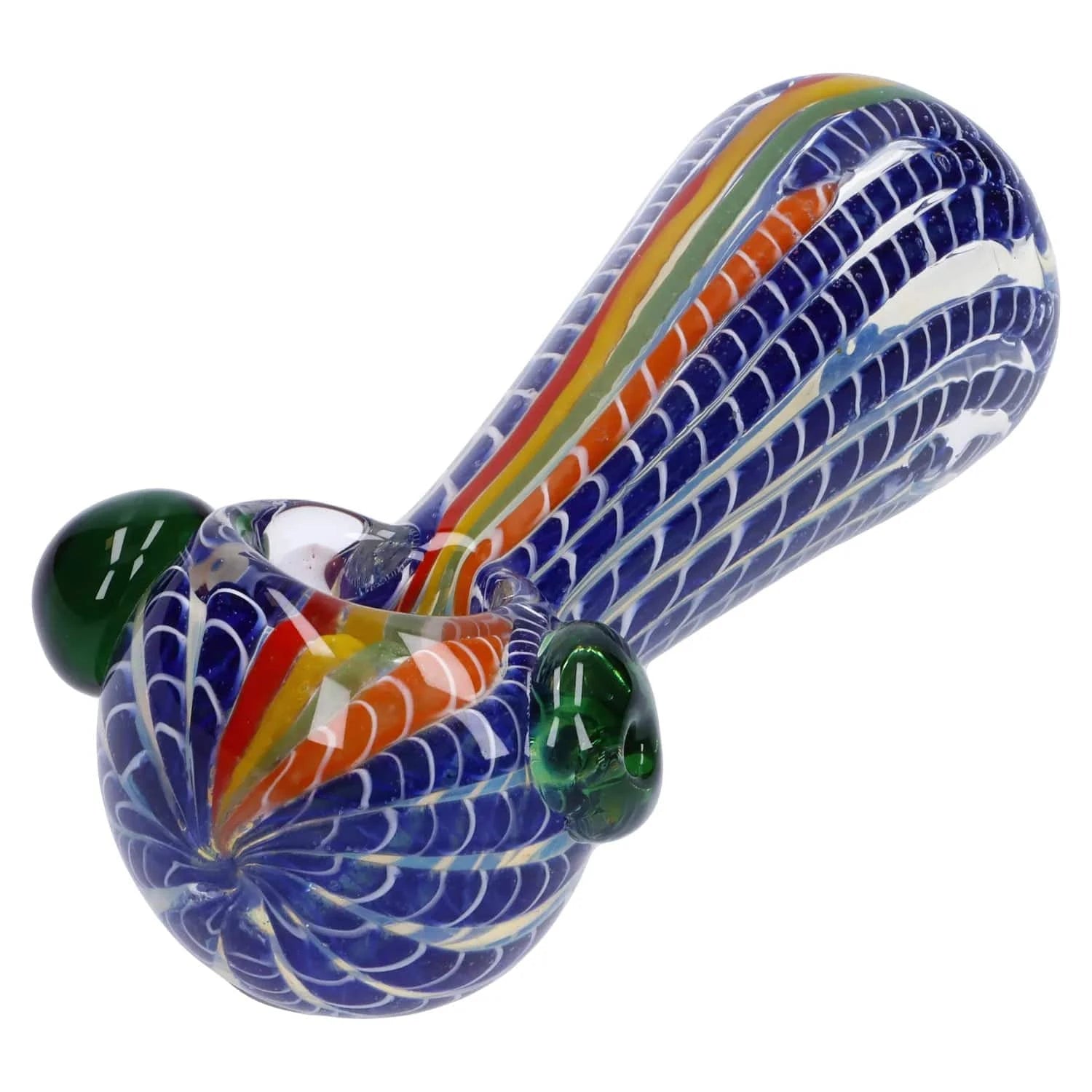 Angled close-up of the Twisted Fumed Pipe - 4.5 in showing its blue fumed spiral pattern with rainbow stripes and green glass accents.