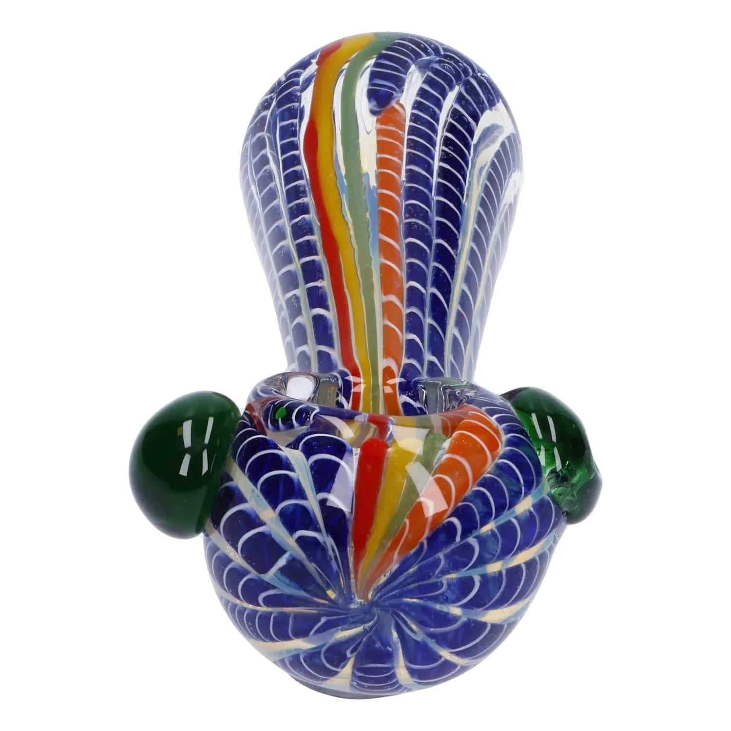 Close-up front view of the Twisted Fumed Pipe - 4.5 in showing its bulbous, blue-and-white swirled glass body with vertical rainbow stripes and green side knobs.