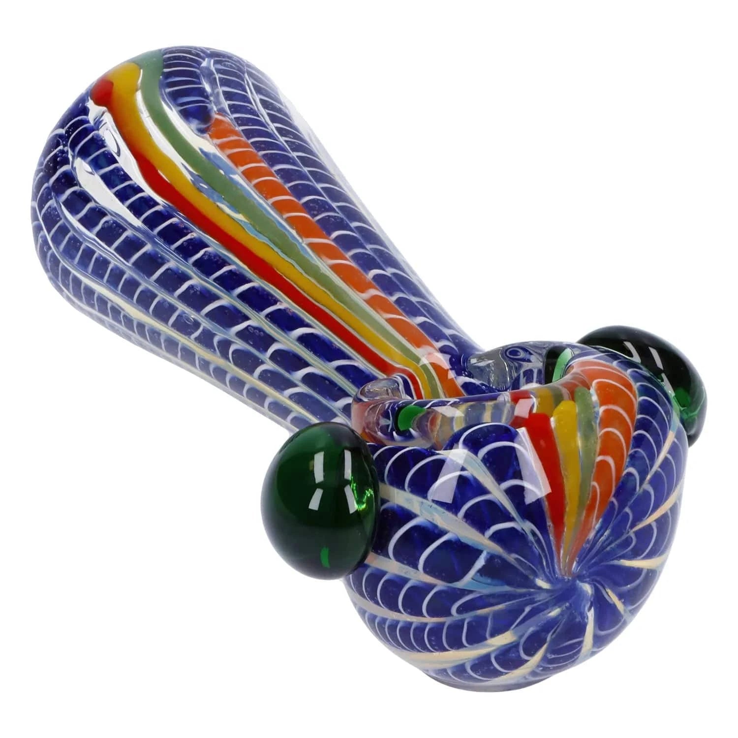 Angled close-up of a blue glass Twisted Fumed Pipe - 4.5 in with white lattice pattern, rainbow stripe down the bowl, and green glass knobs.