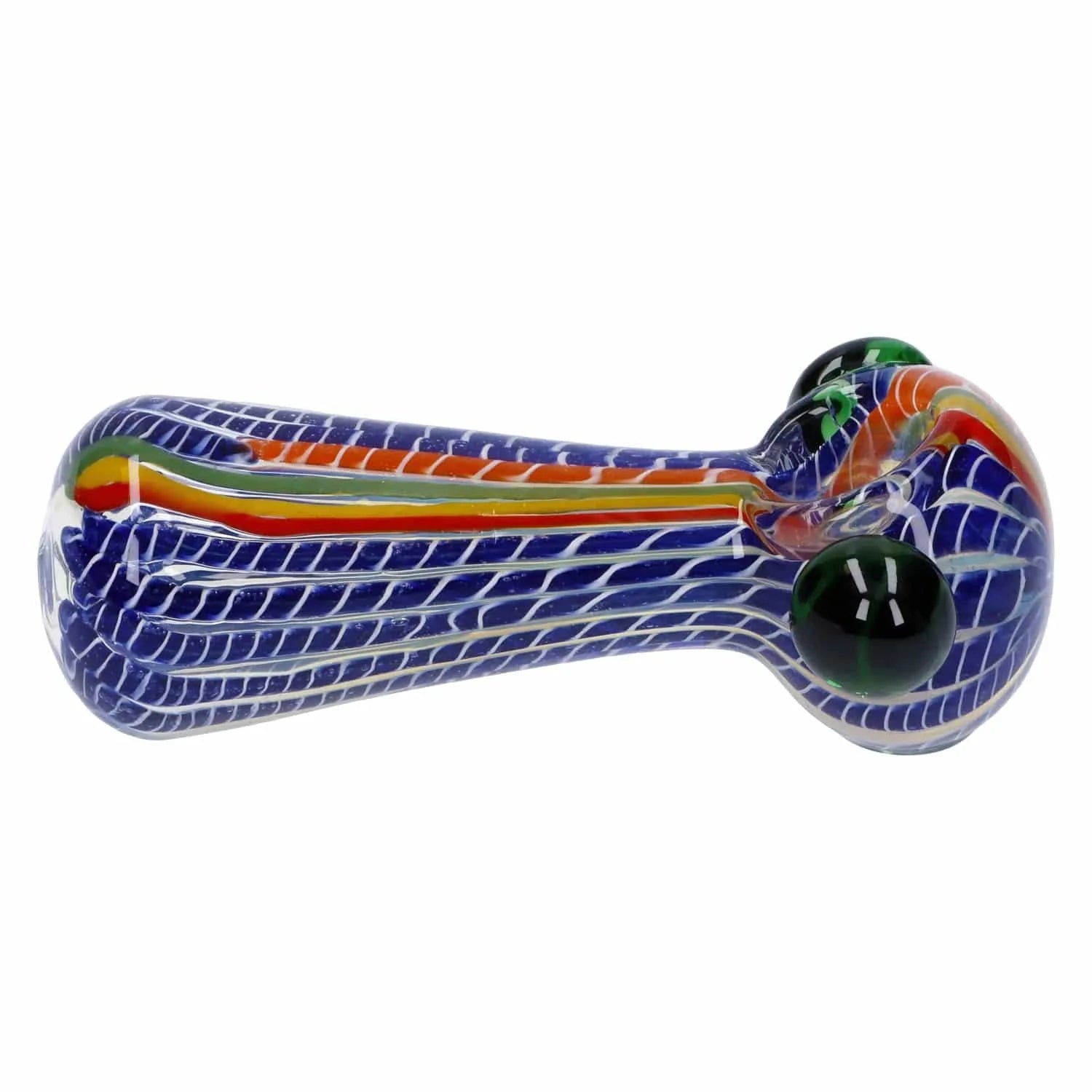 Side view of a blue and white striped Twisted Fumed Pipe - 4.5 in with a rainbow central cane and green glass marbles near the bowl