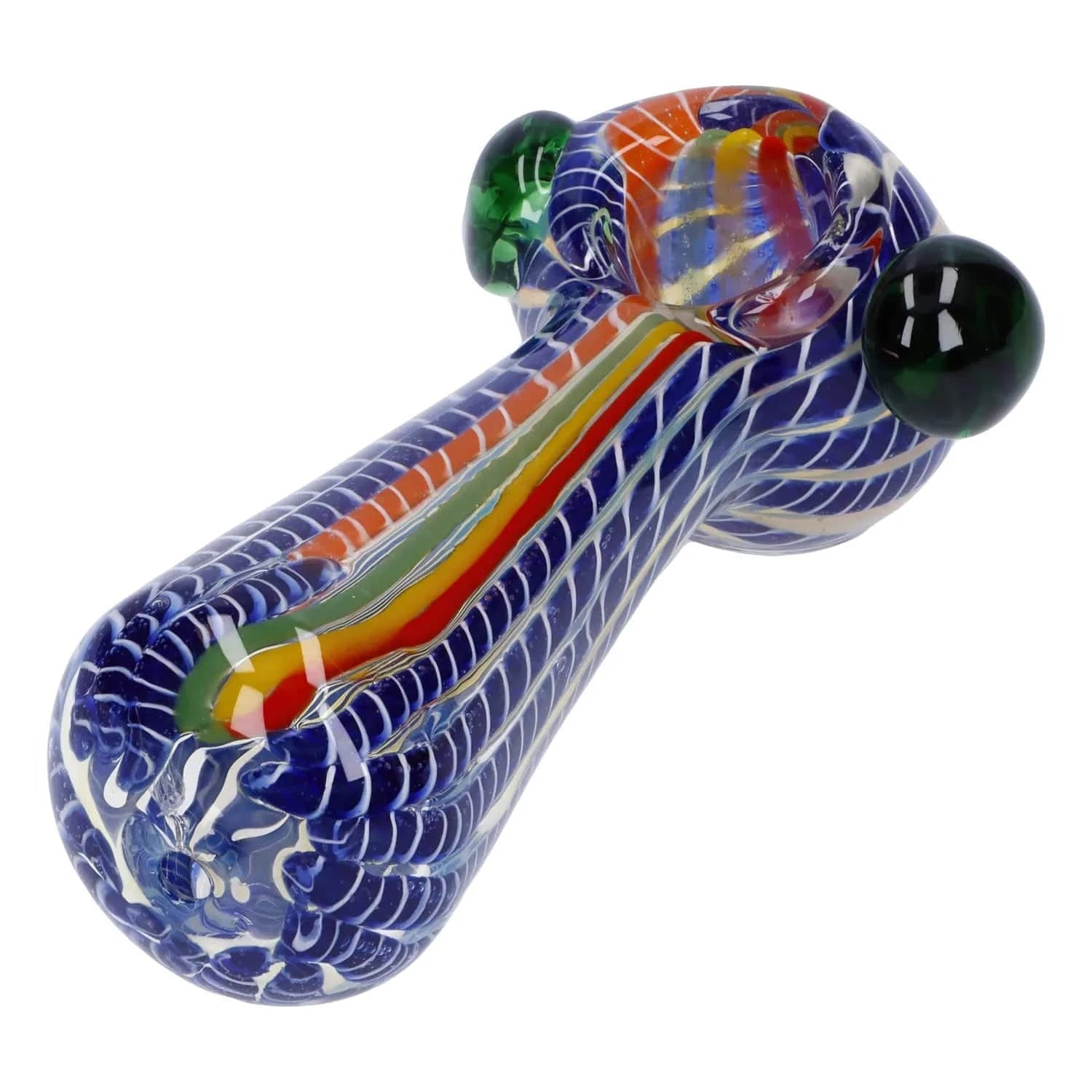 Angled close-up of the Twisted Fumed Pipe - 4.5 in showing its blue glass body with white lattice lines and a central multicolored stripe.